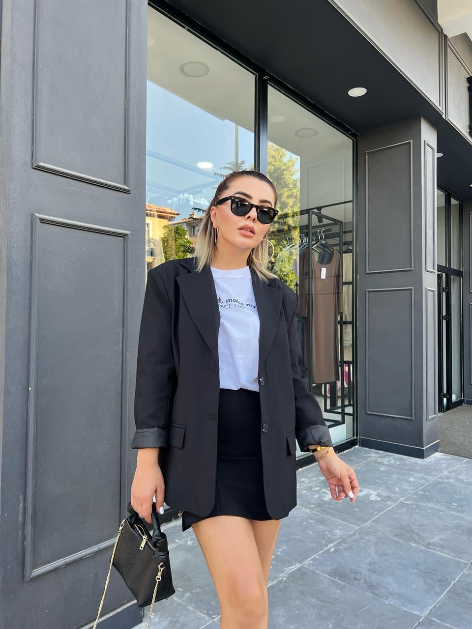 Siyah Oversize Çift Düğme Blazer Ceket 