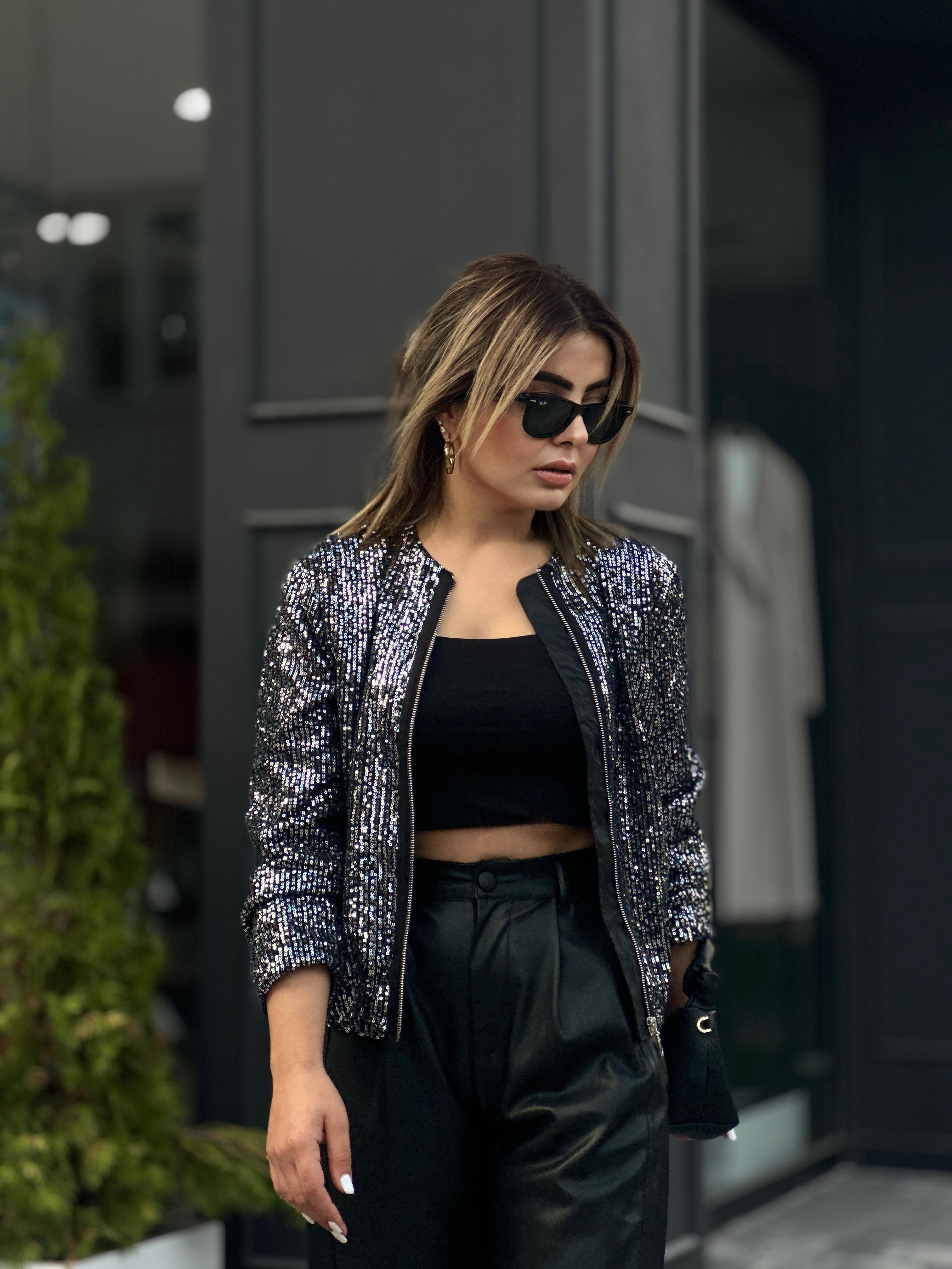 Siyah Payetli Bomber Ceket 