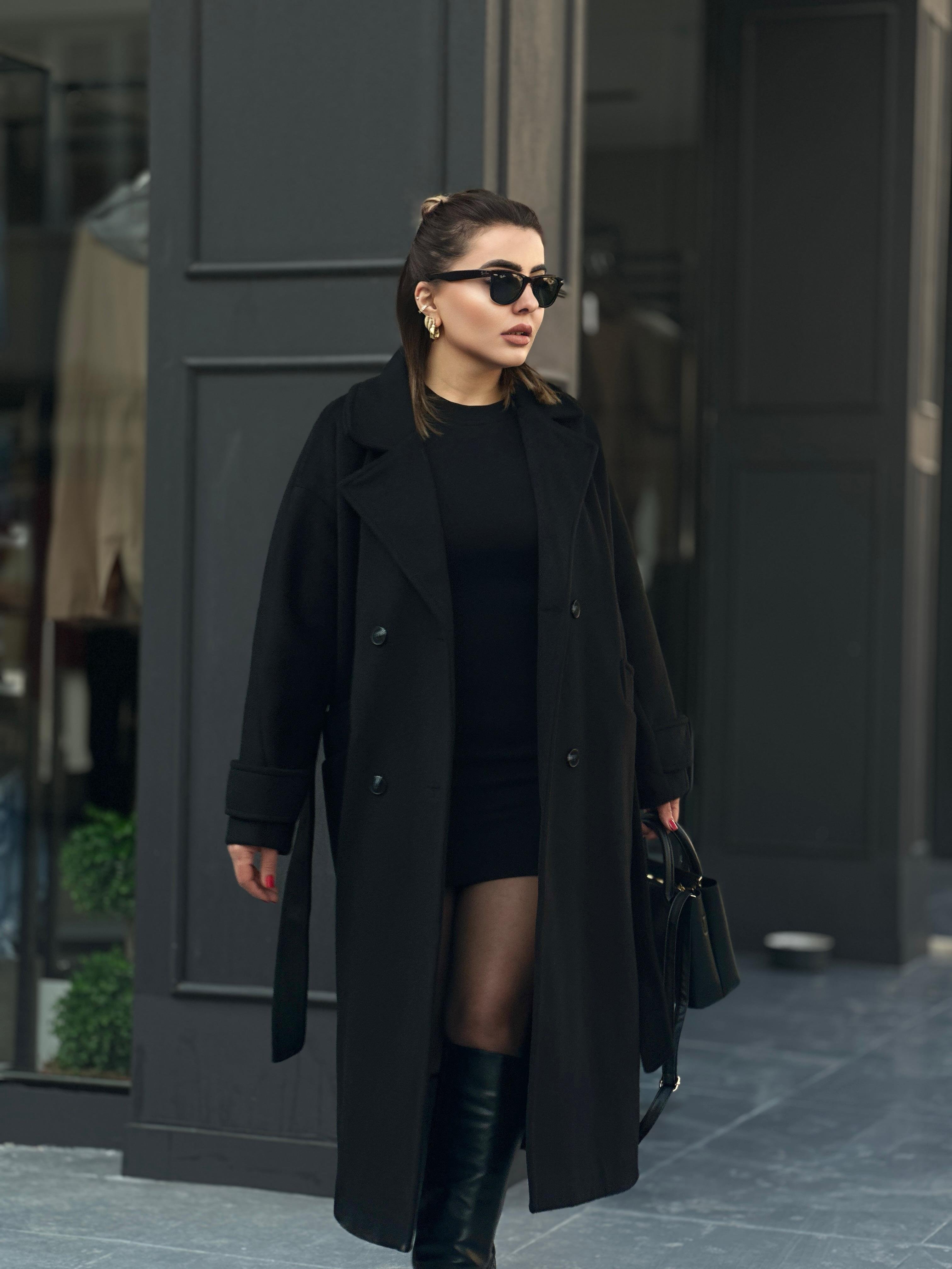 Siyah Premium Kol Kemerli Kuşaklı Kaban 