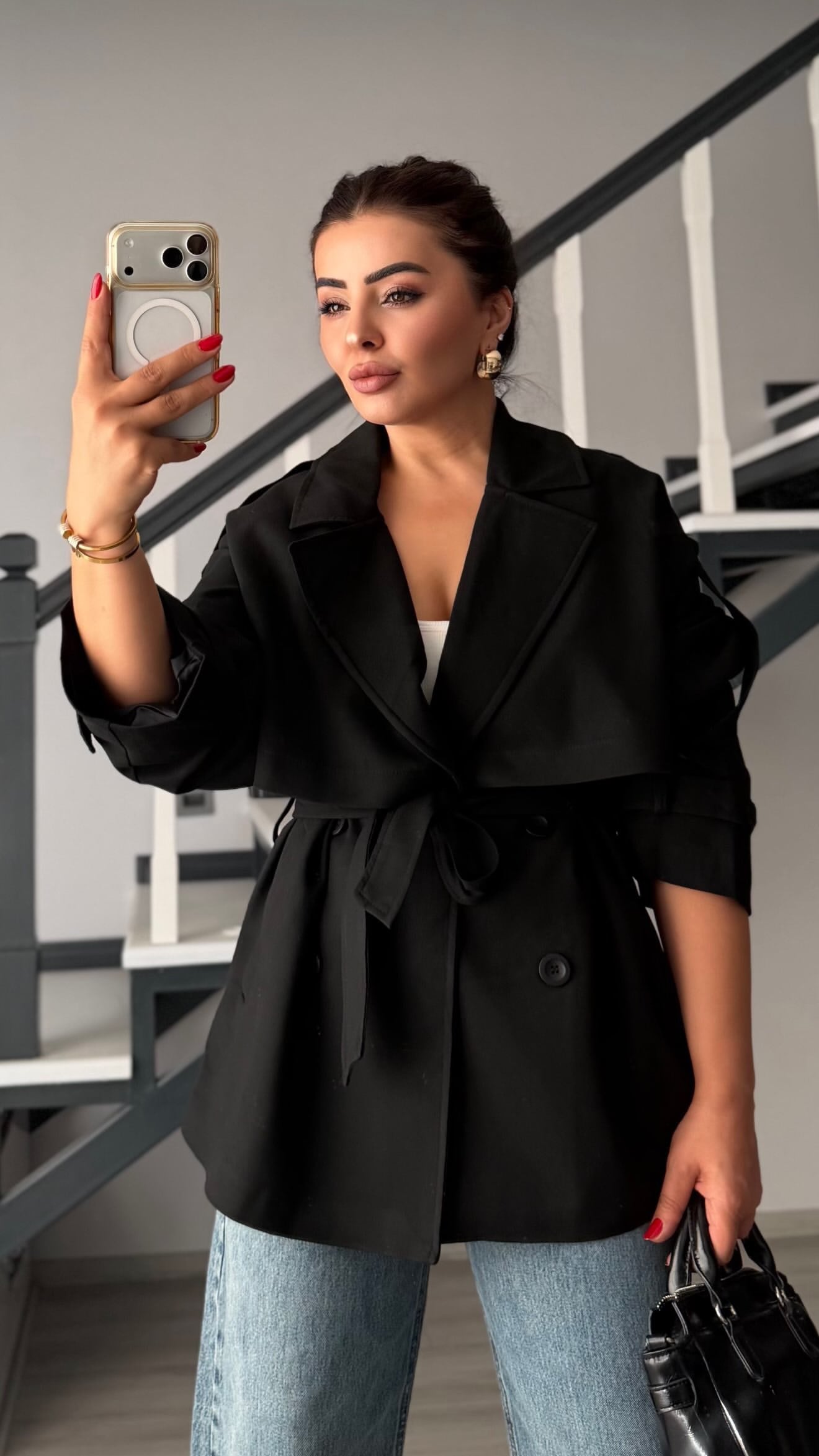 Siyah Premium Kuşaklı Oversize Trençkot