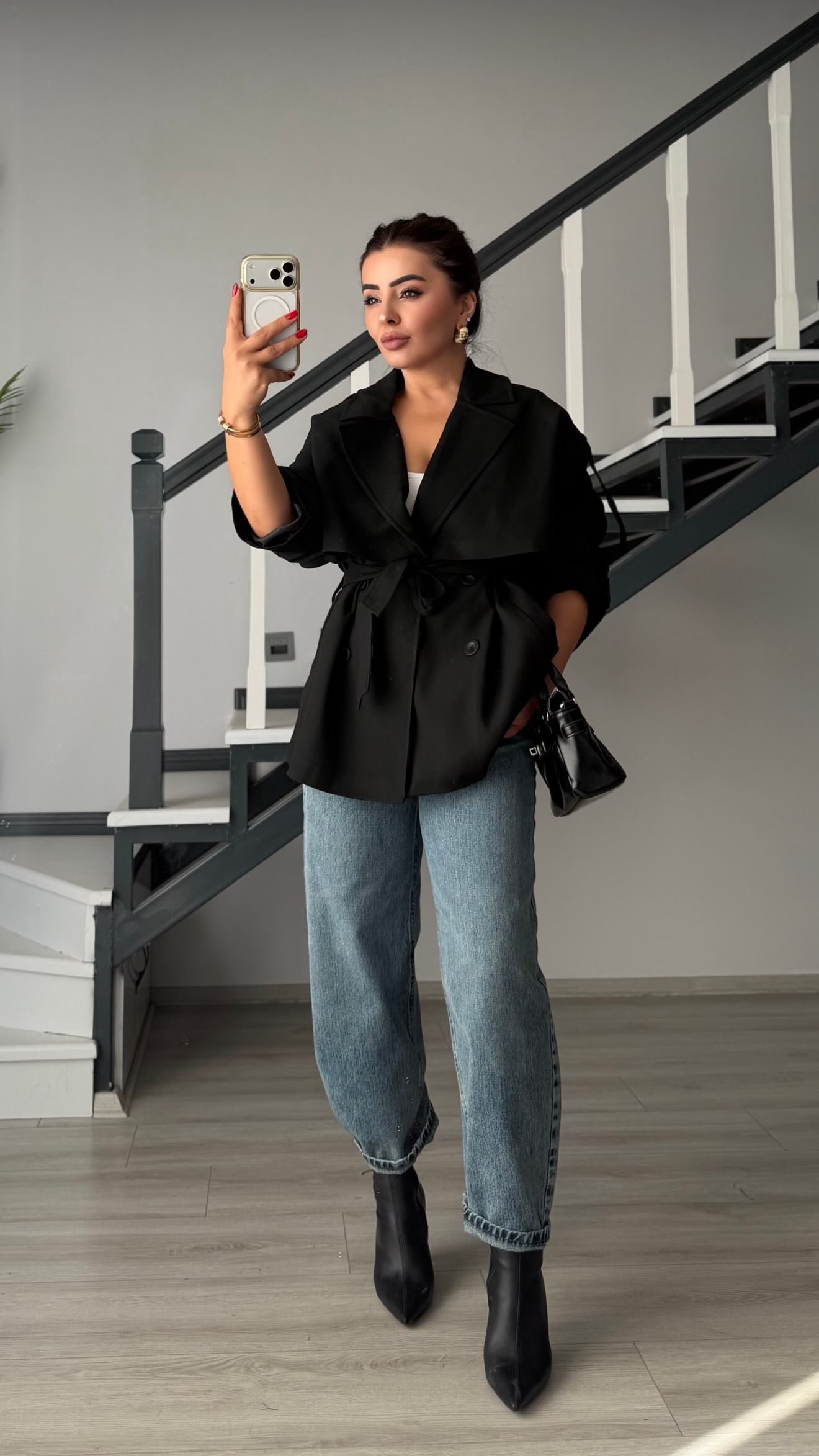 Siyah Premium Kuşaklı Oversize Trençkot