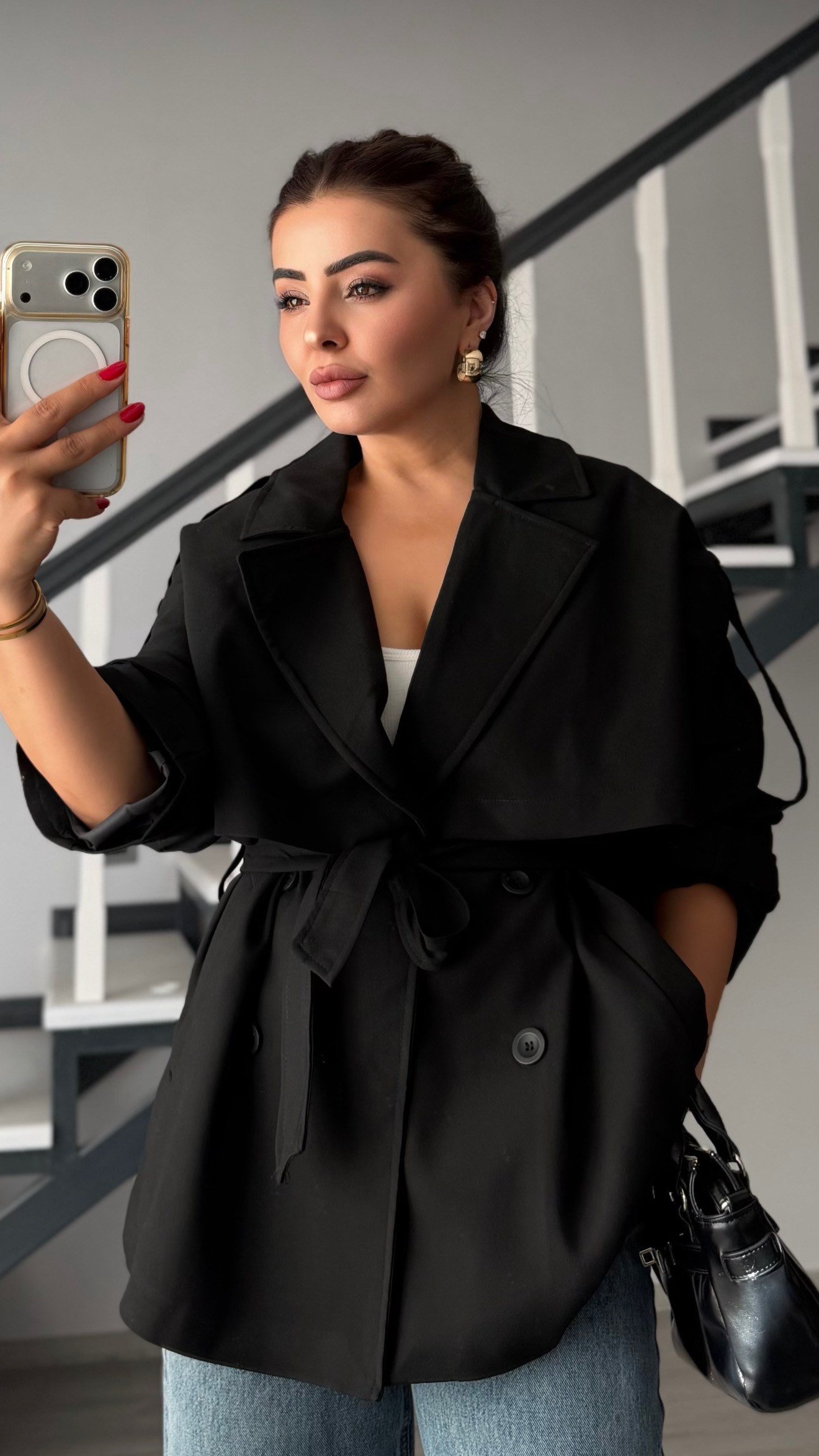 Siyah Premium Kuşaklı Oversize Trençkot