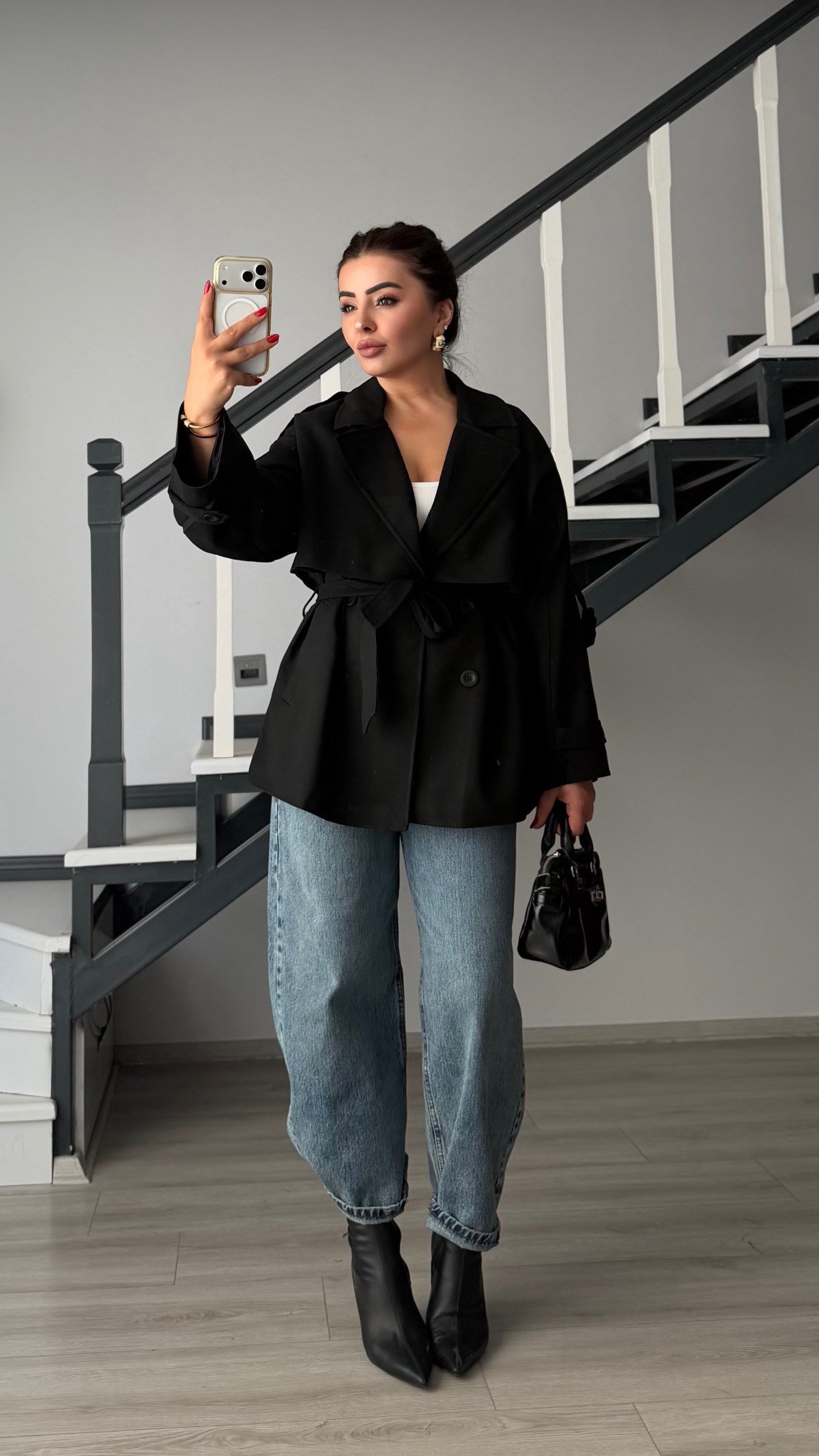 Siyah Premium Kuşaklı Oversize Trençkot