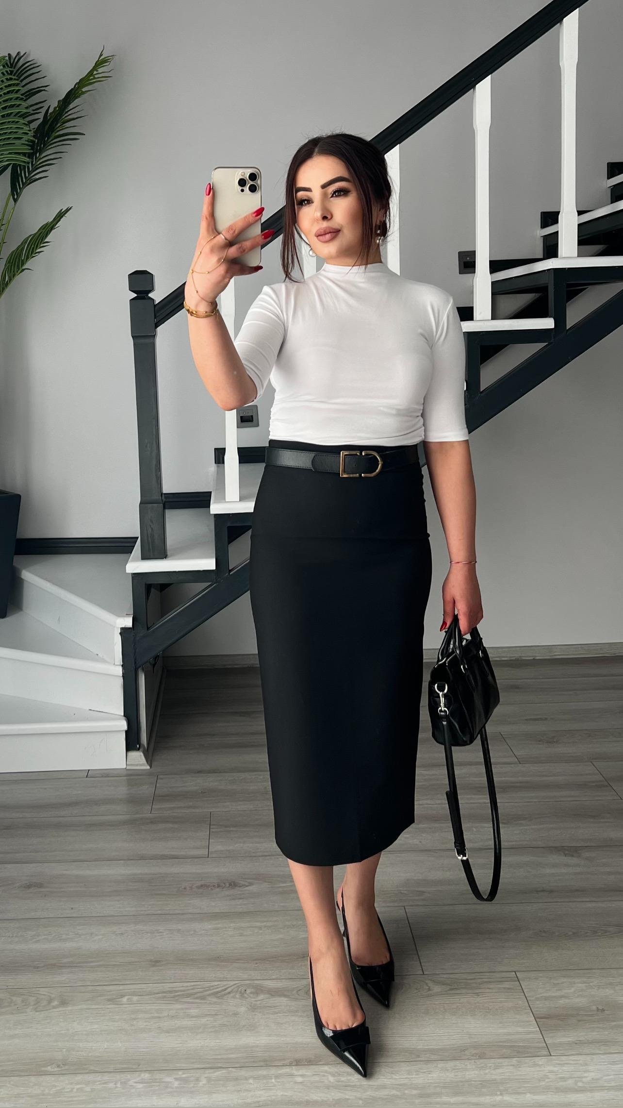 Siyah Premium Midi Boy Yırtmaçlı Kalem Etek 