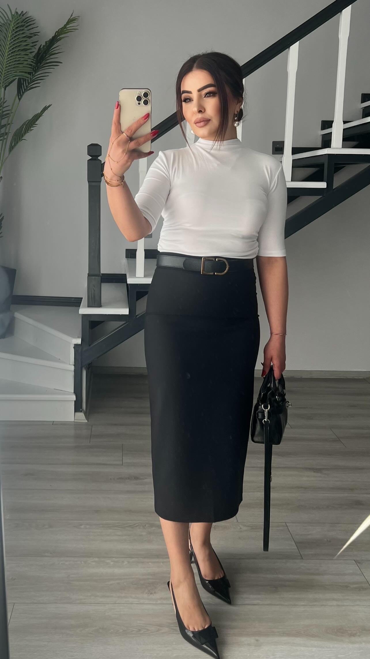 Siyah Premium Midi Boy Yırtmaçlı Kalem Etek 
