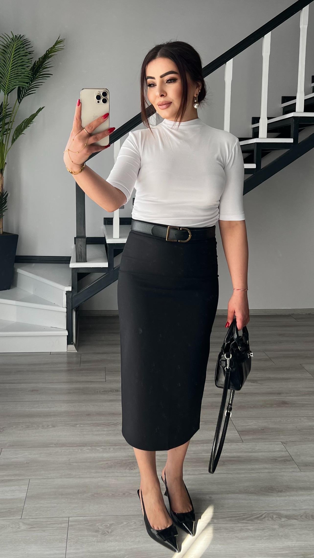 Siyah Premium Midi Boy Yırtmaçlı Kalem Etek 