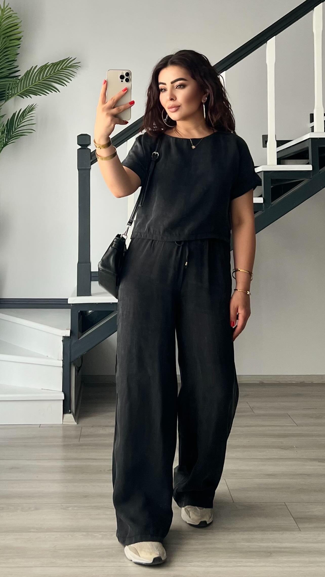 Siyah Premium Tnsel Kumaş Crop-Pantolon Takım