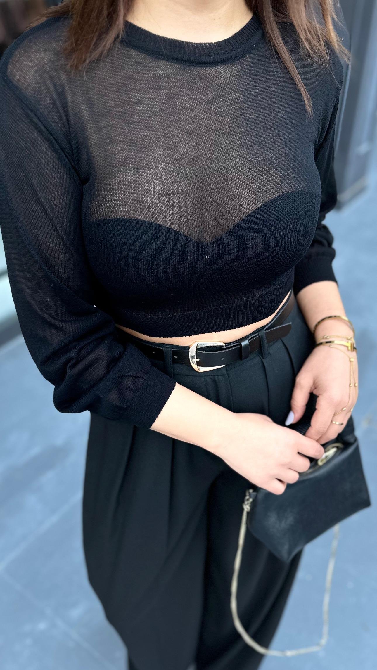 Siyah Transparan Merserize Crop Bluz 