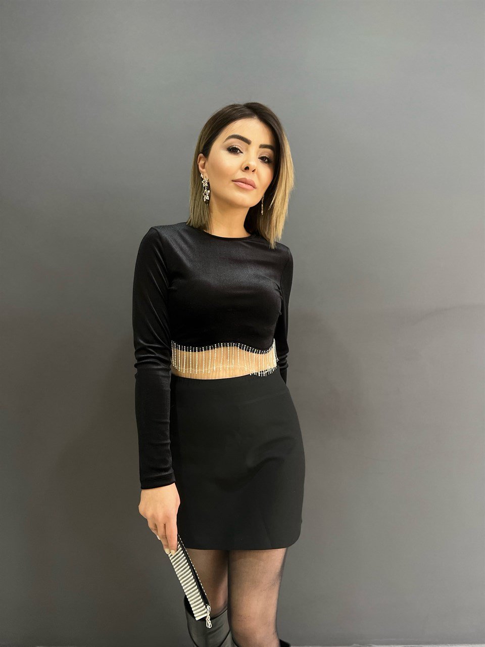 Siyah Yanı Fermuarlı Mini Etek
