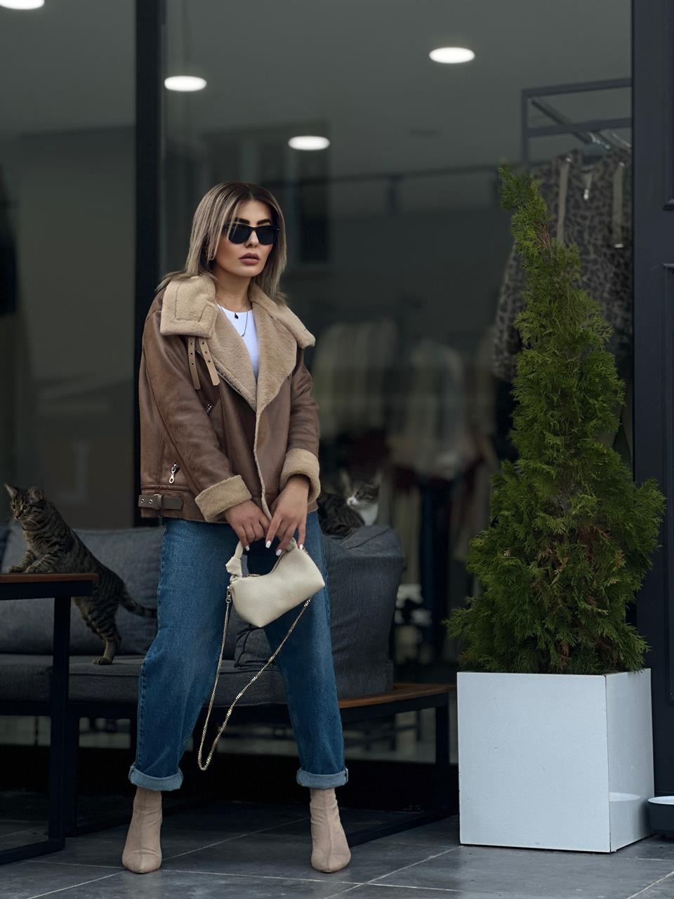 Suni Kürklü Biker Deri Ceket 