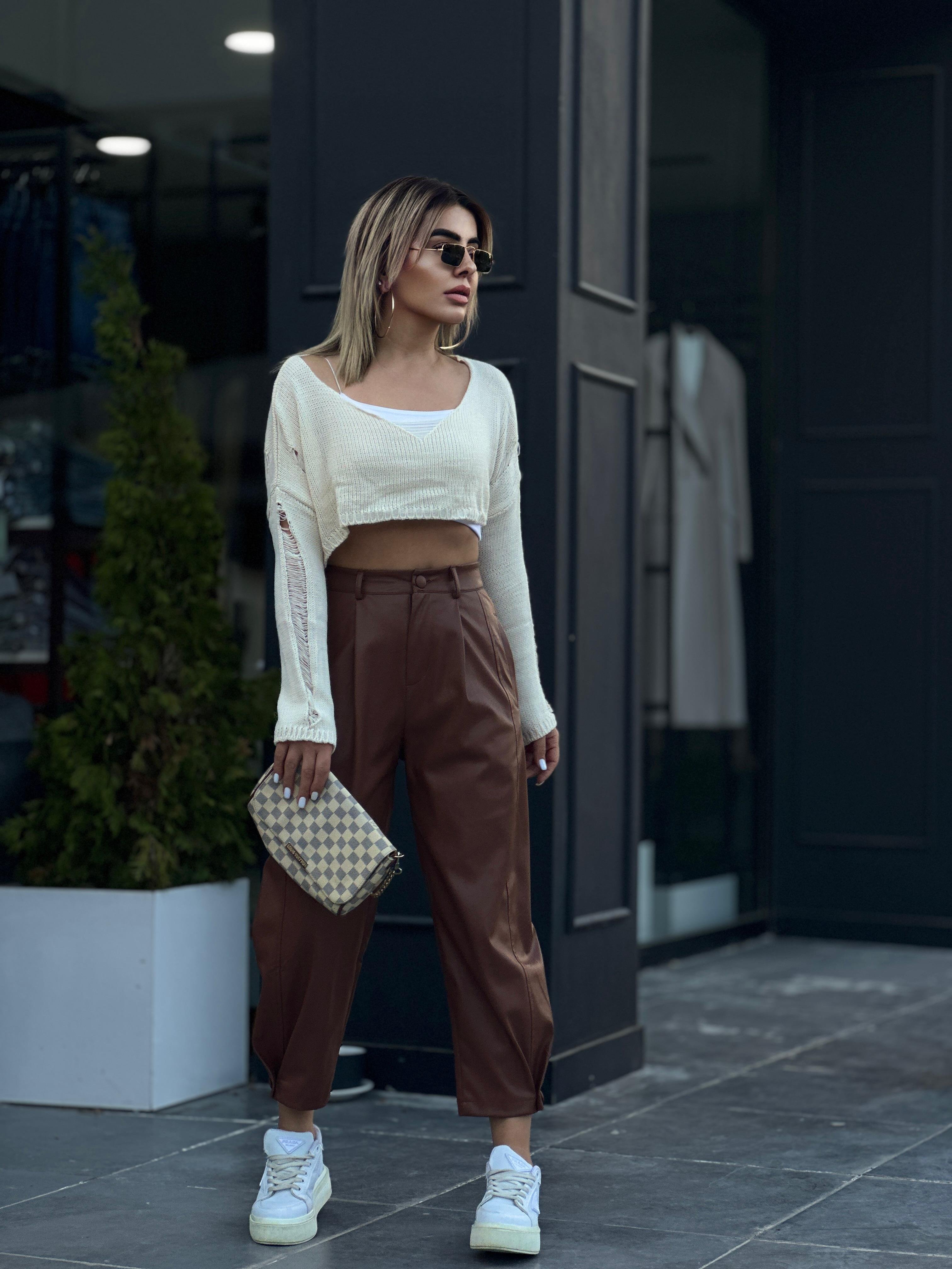 Taba Deri Paça Düğmeli Slouchy Pantolon