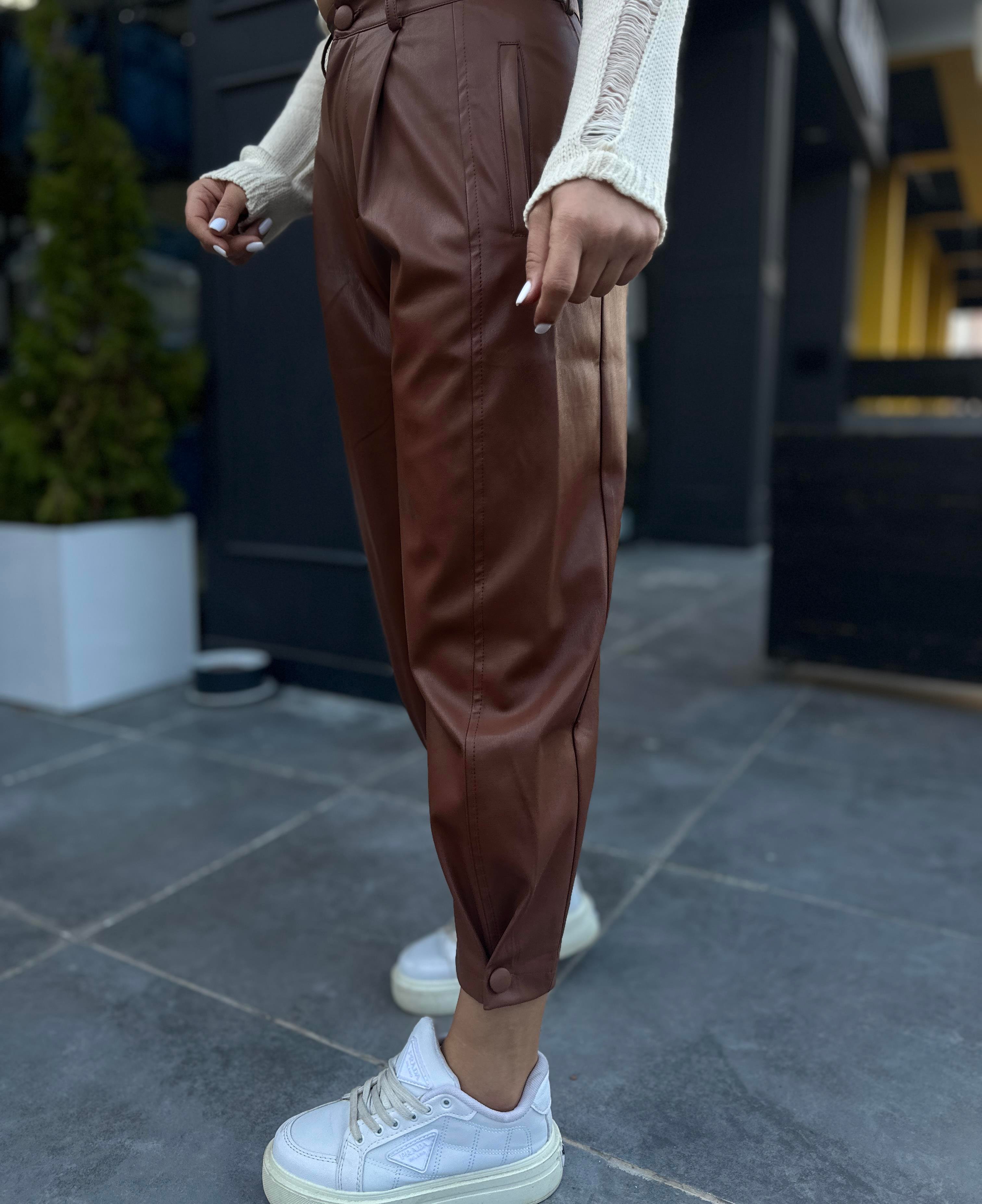 Taba Deri Paça Düğmeli Slouchy Pantolon
