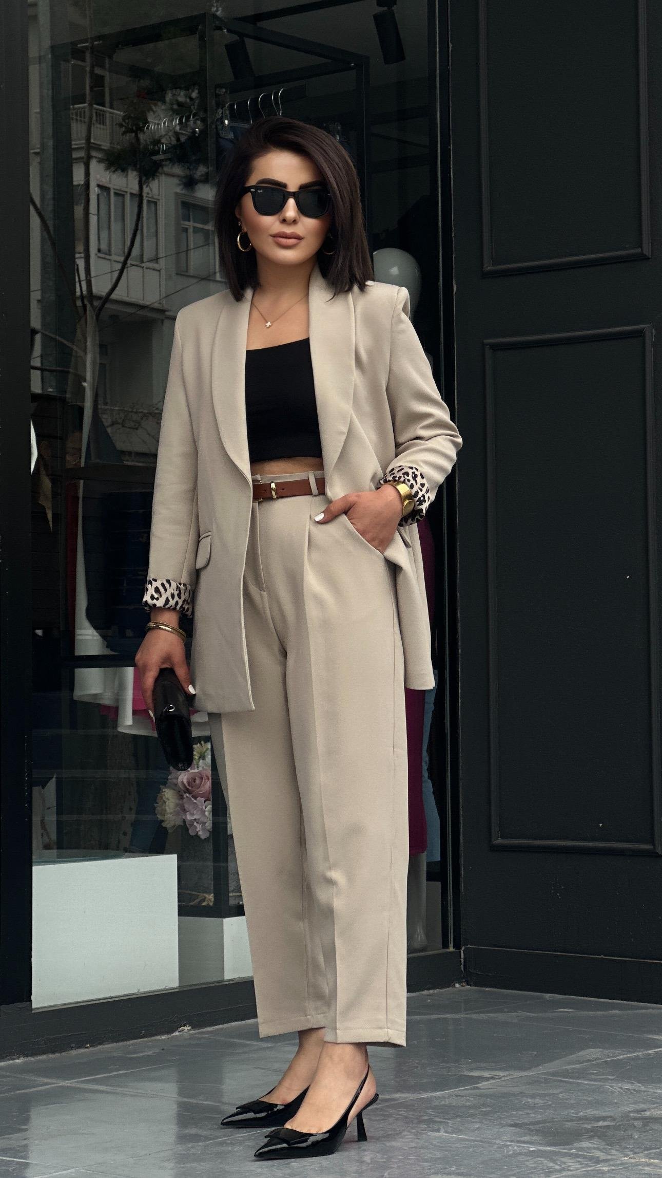 Taş Astarı Leopar Desenli Ceket Pantolon Takım
