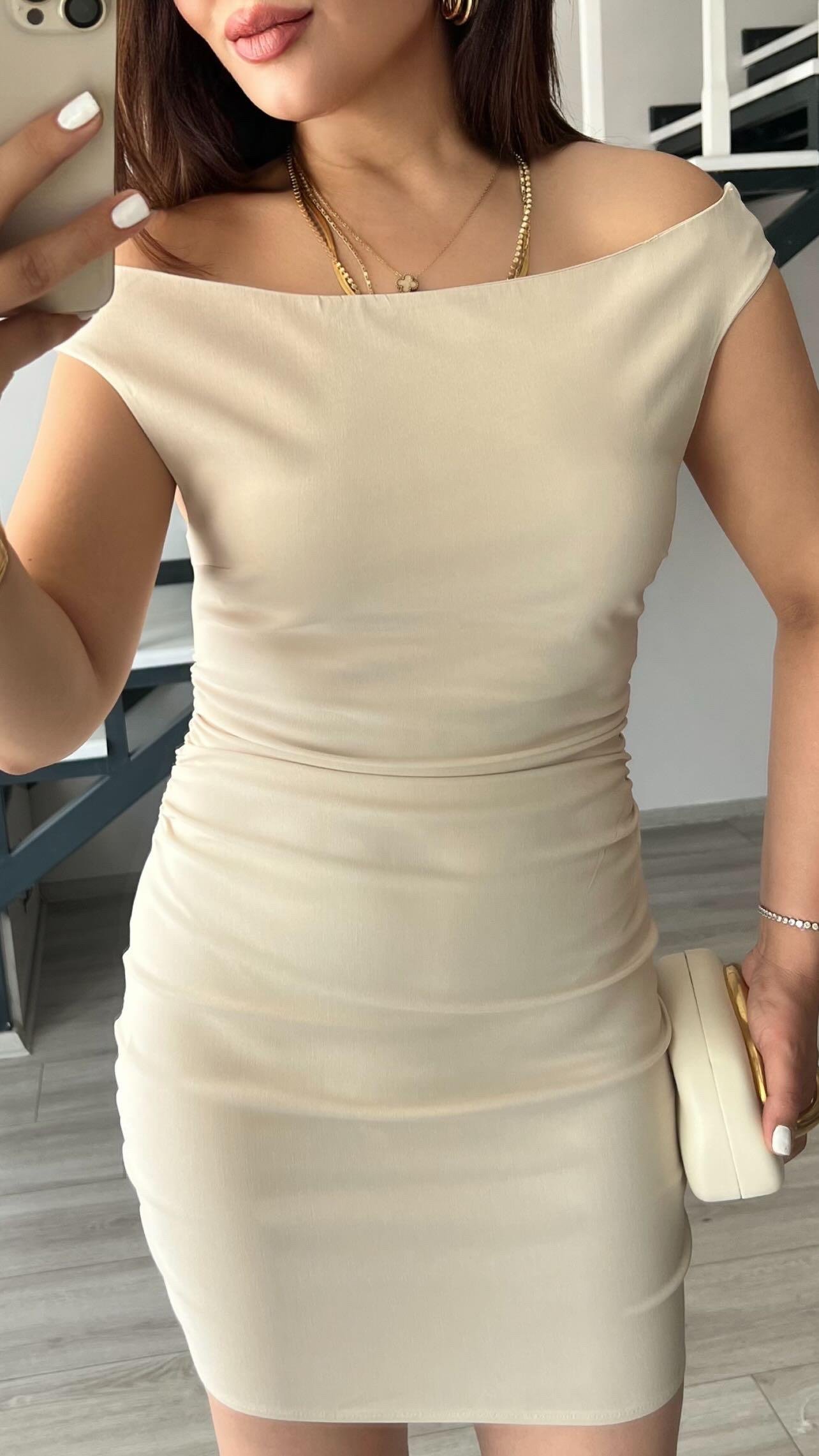 Taş Büzgülü Mini Elbise