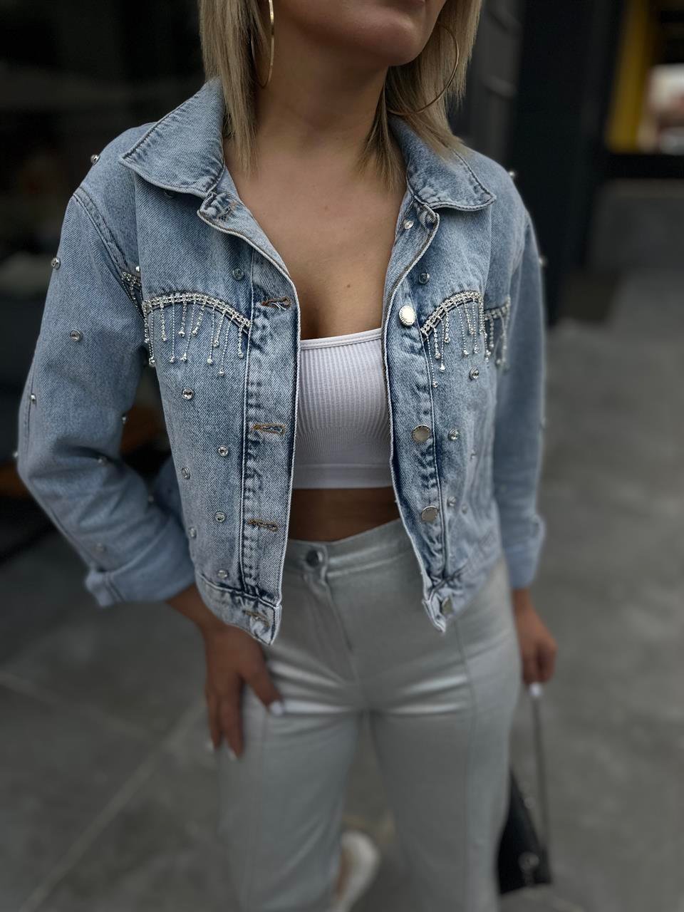 Taş Çakımlı Denim Ceket