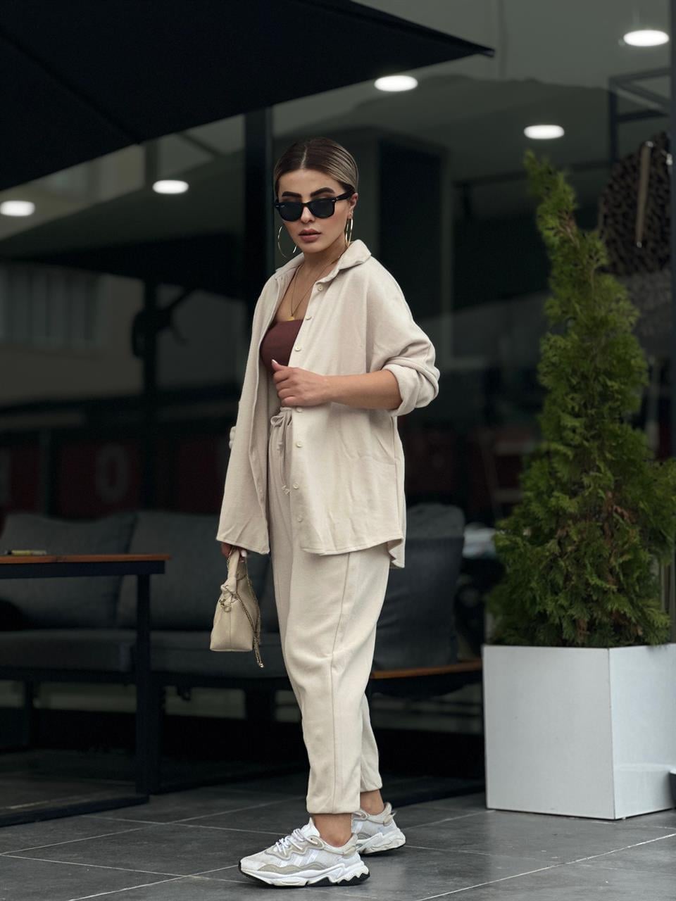 Taş Kadife Oversize Gömlek Takım 