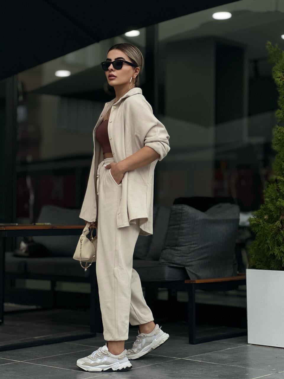 Taş Kadife Oversize Gömlek Takım 