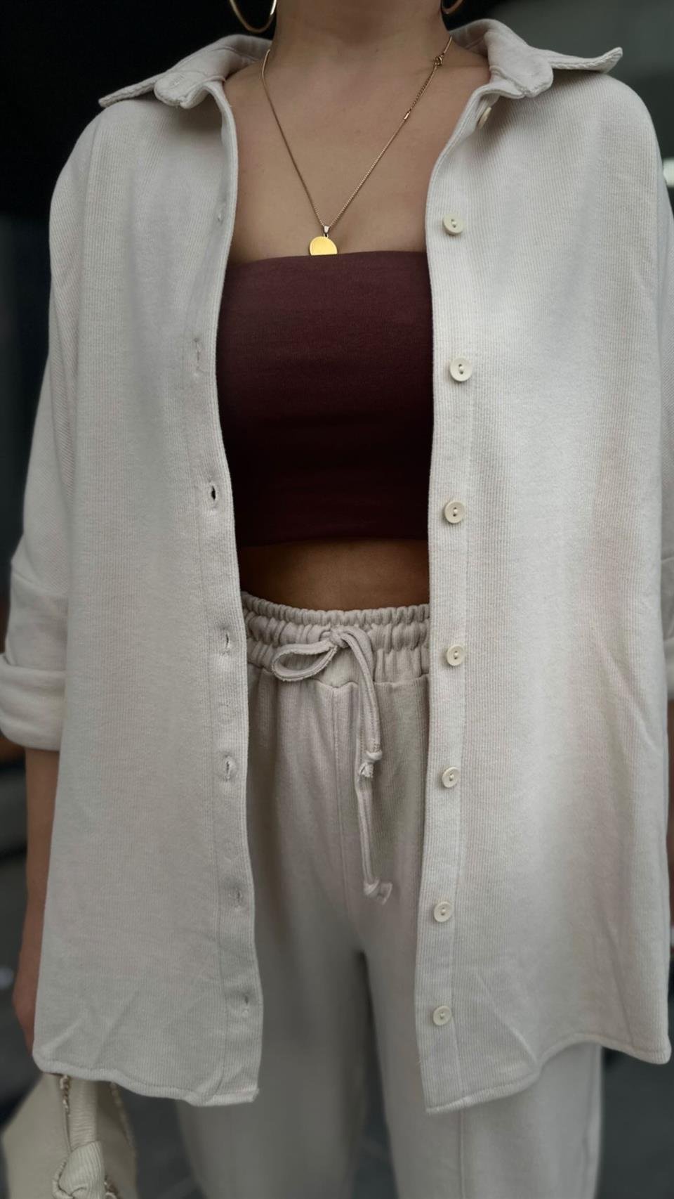 Taş Kadife Oversize Gömlek Takım 