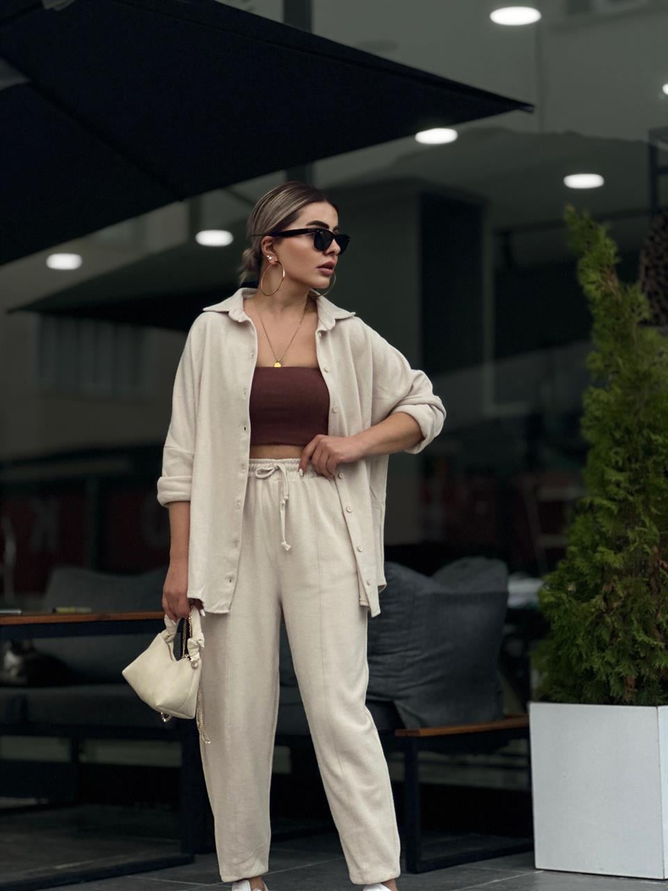 Taş Kadife Oversize Gömlek Takım 