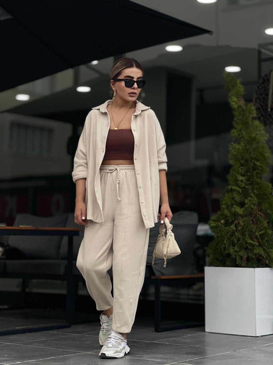Taş Kadife Oversize Gömlek Takım 