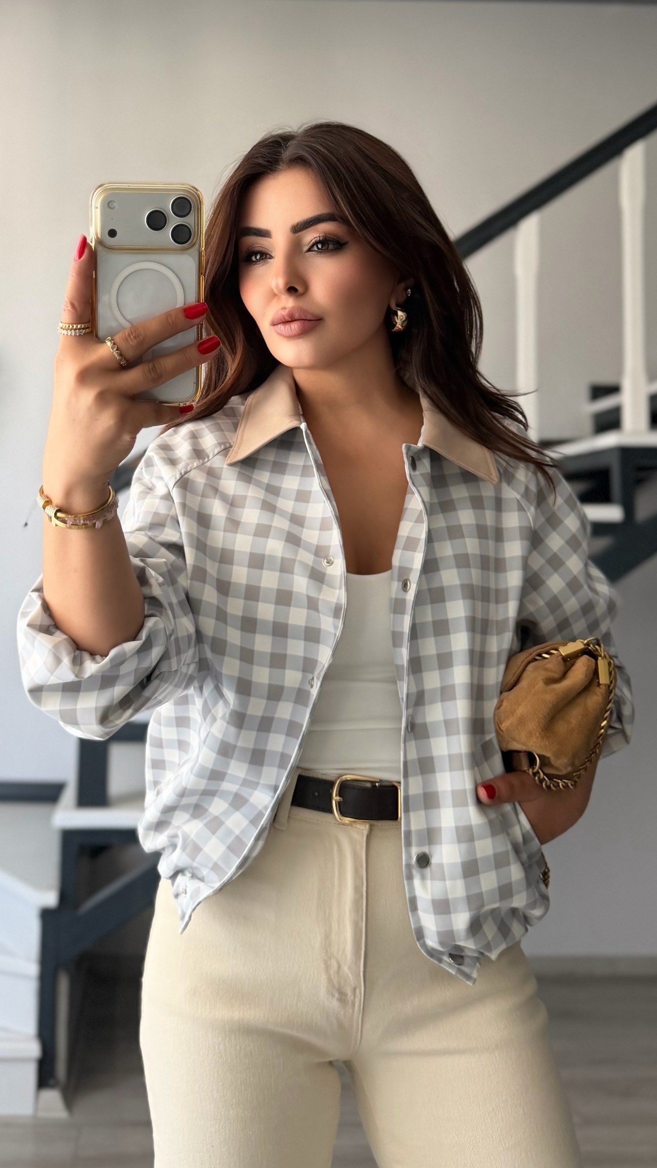 Taş Kadife Yaka Ekoseli Bomber Ceket