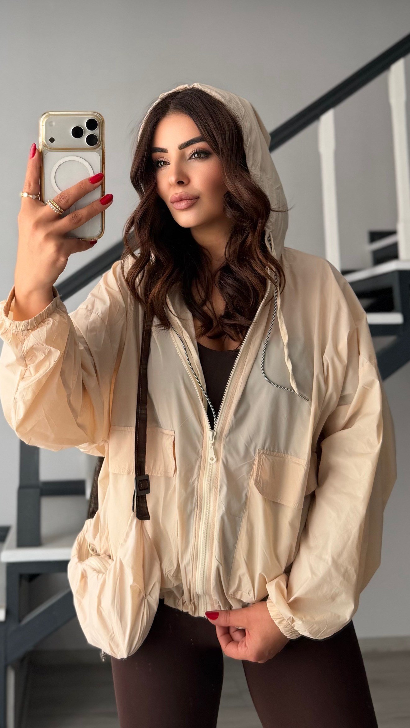 Stone Hooded Raincoat with Bag Accessory