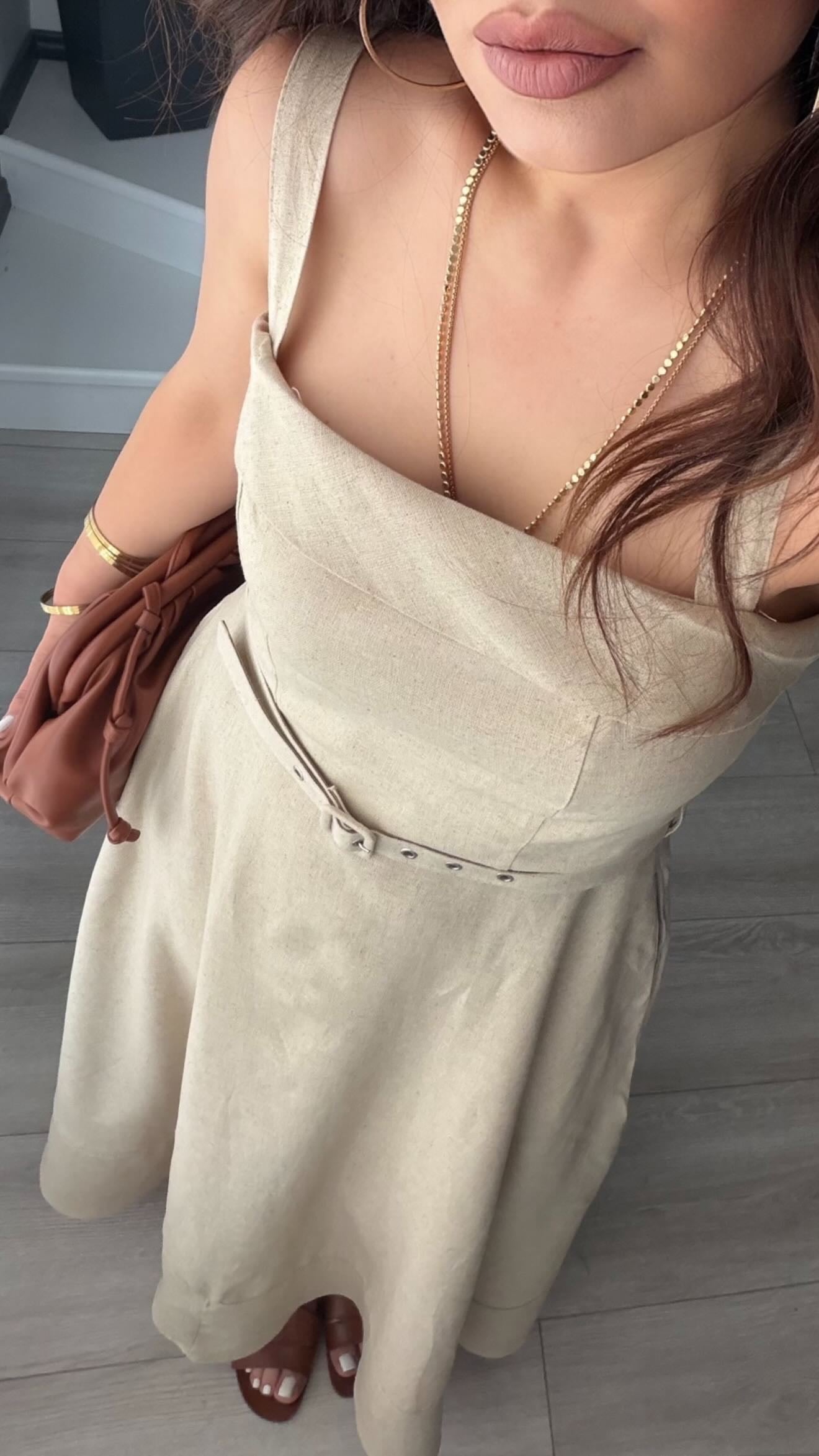 Stone Linen Belted Midi Dress with Straps
