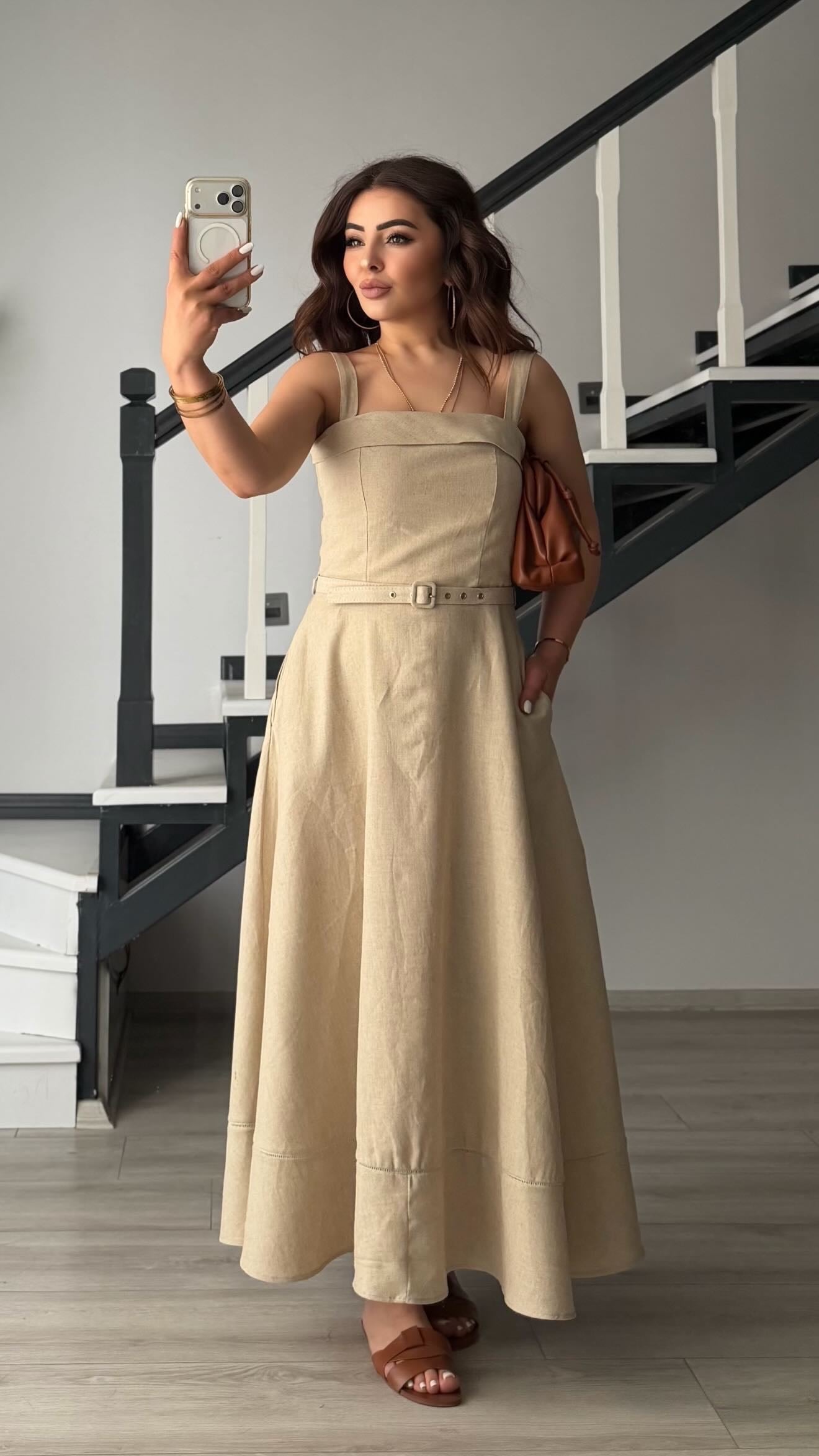 Stone Linen Belted Midi Dress with Straps