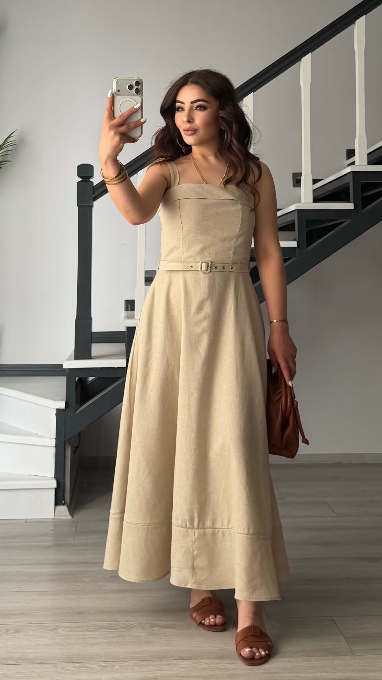 Stone Linen Belted Midi Dress with Straps