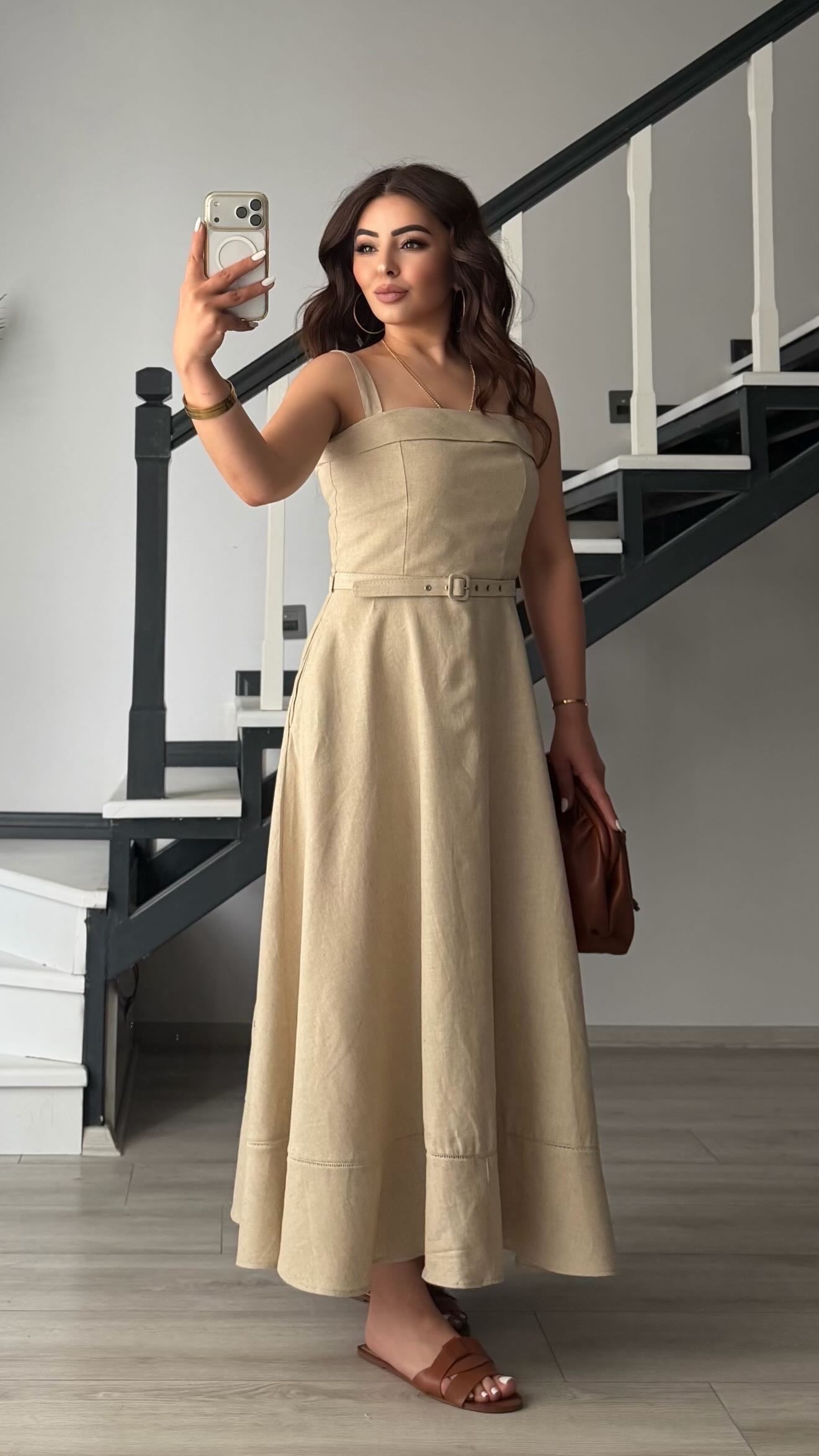Stone Linen Belted Midi Dress with Straps