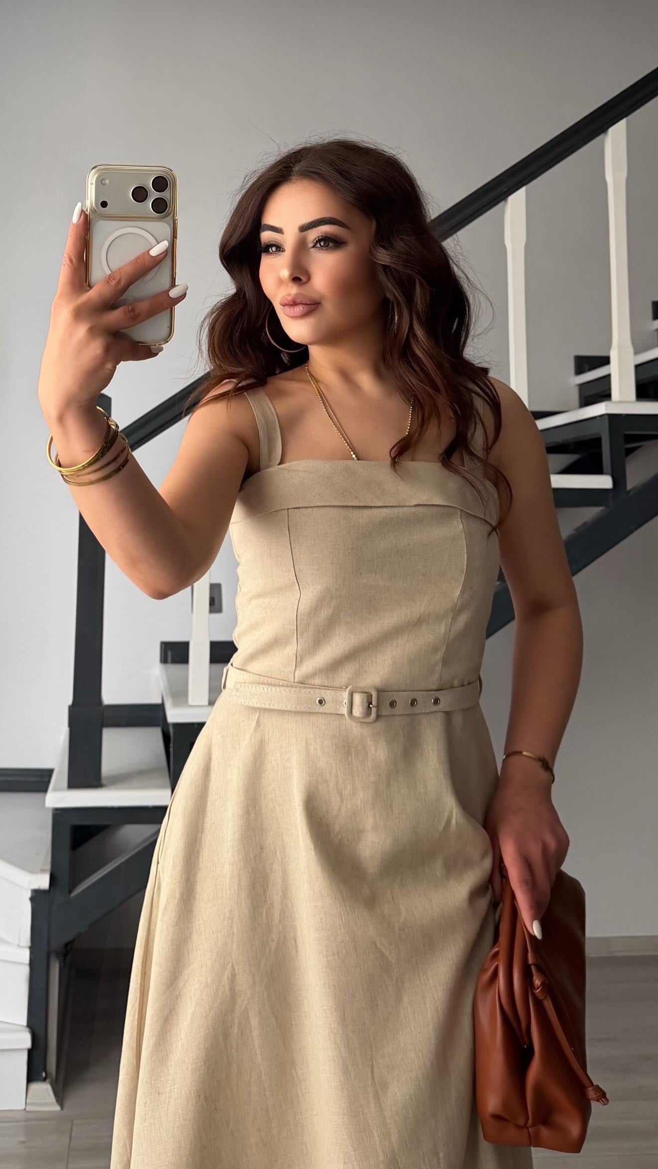 Stone Linen Belted Midi Dress with Straps