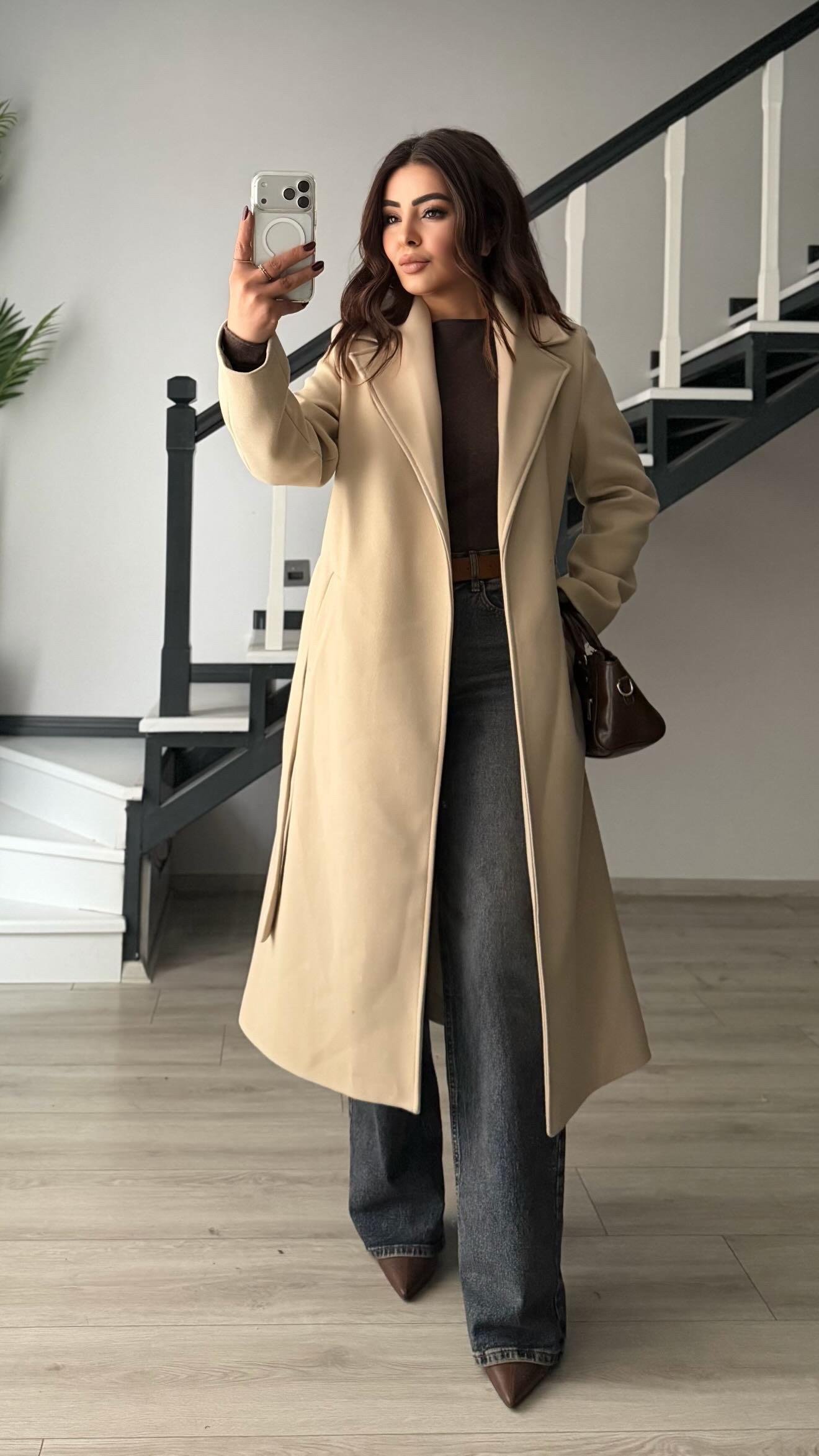 Taş Premium Astarlı Kuşaklı Kaban