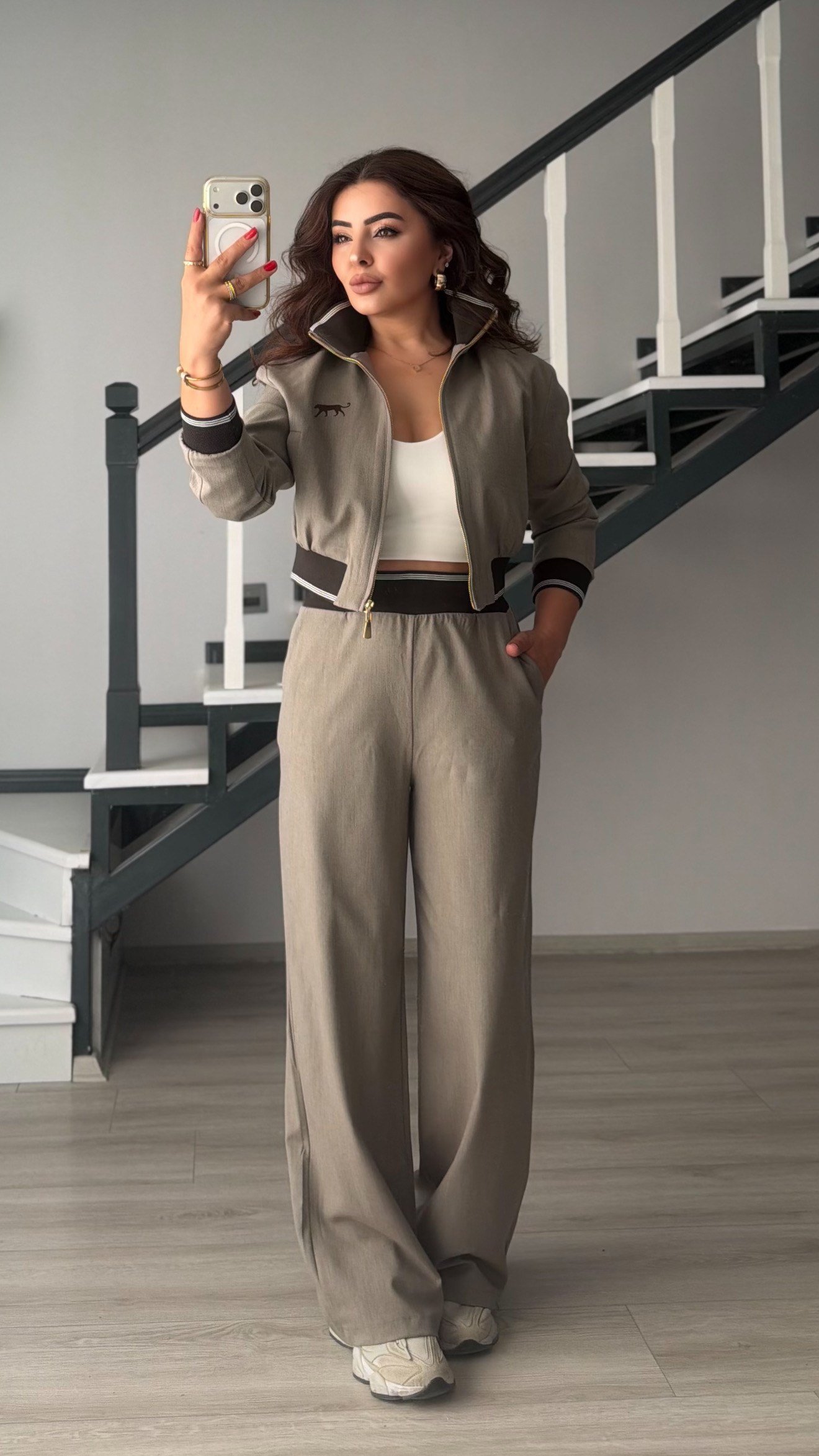 Taupe Bomber Jacket-Pants Set