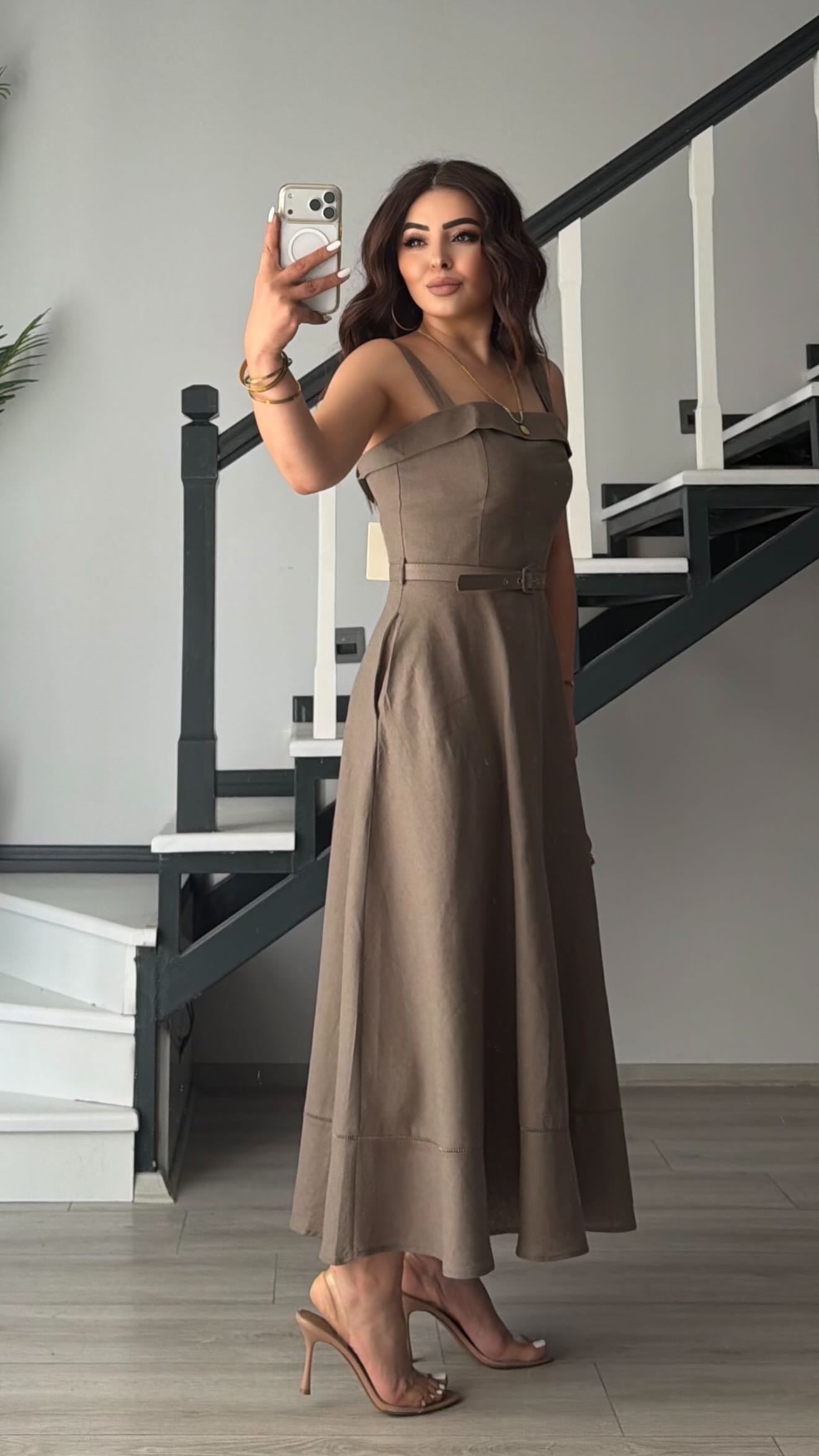 Mink Linen Belted Midi Dress with Straps