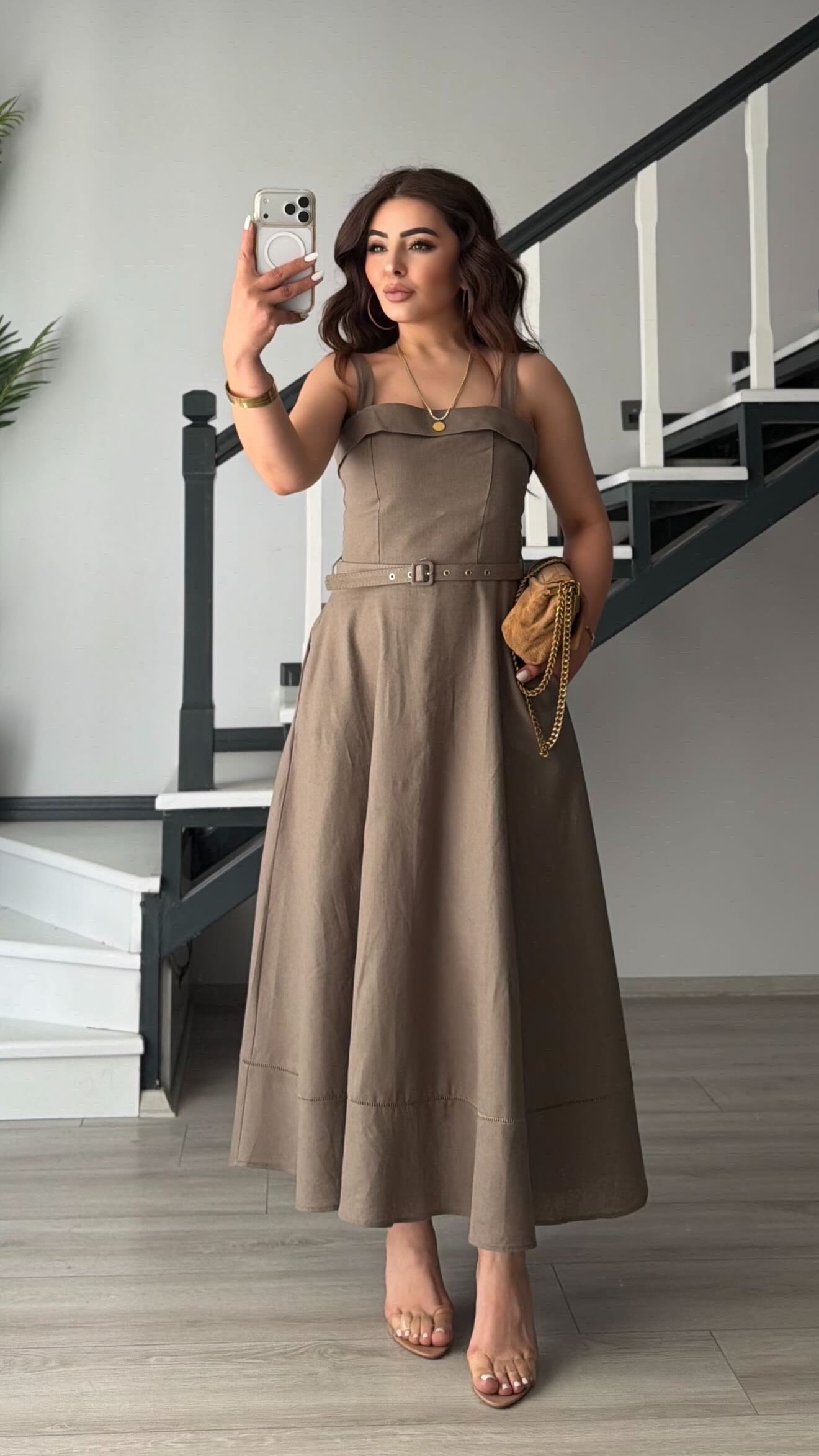 Mink Linen Belted Midi Dress with Straps