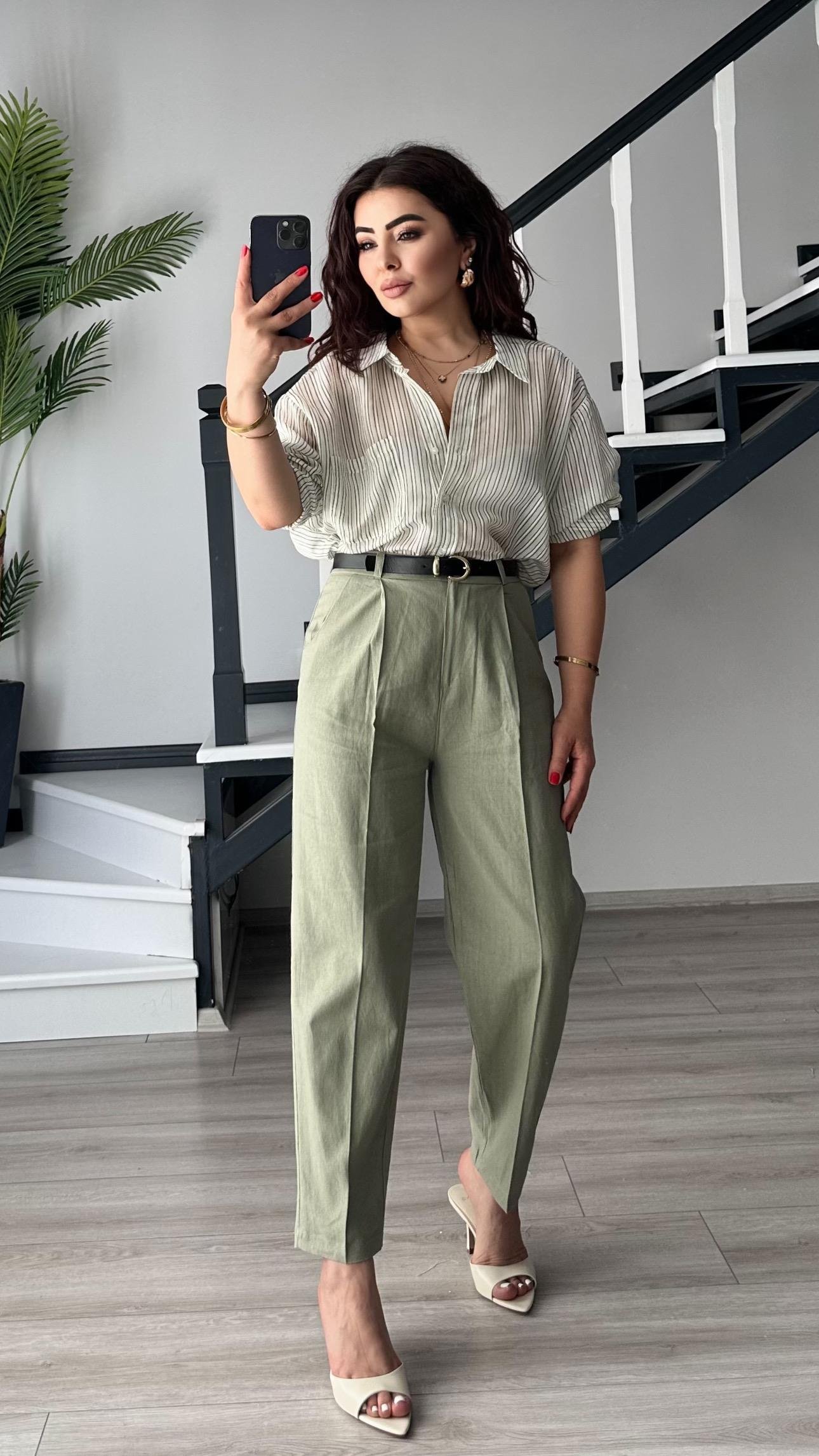 Yeşil Boydan Çizgili Oversize Gömlek
