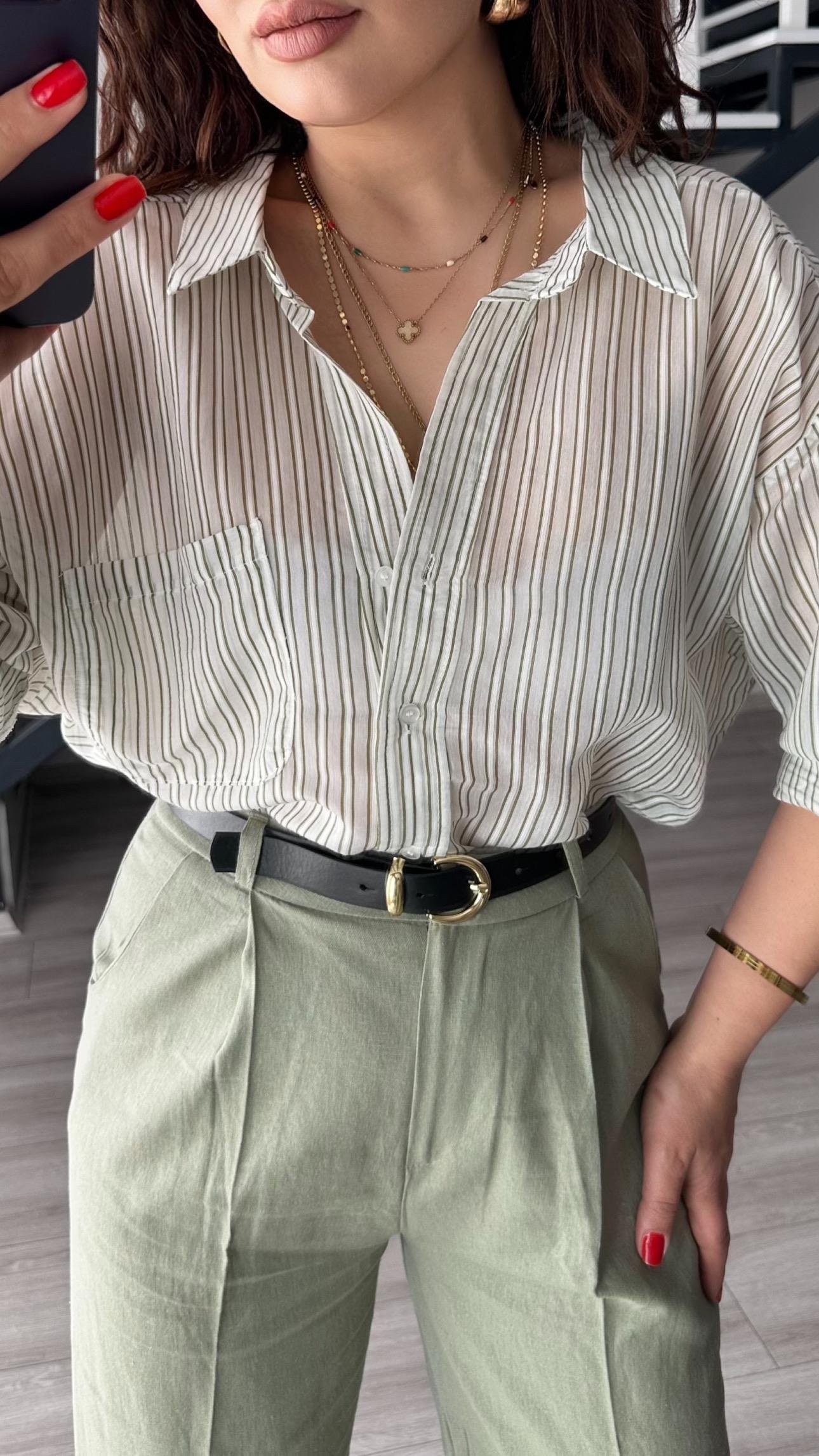 Yeşil Boydan Çizgili Oversize Gömlek