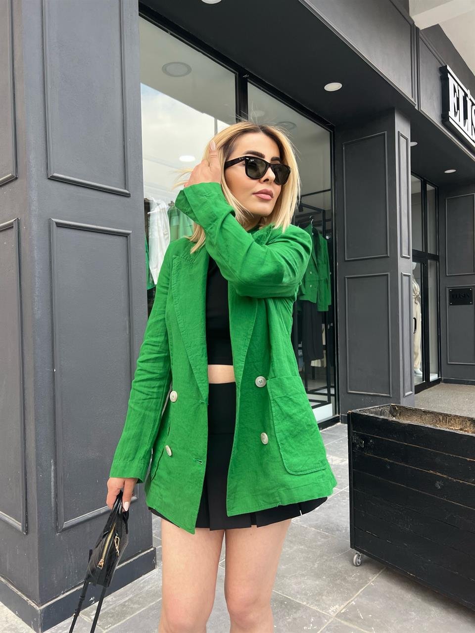 Yeşil Ham Keten Blazer Ceket