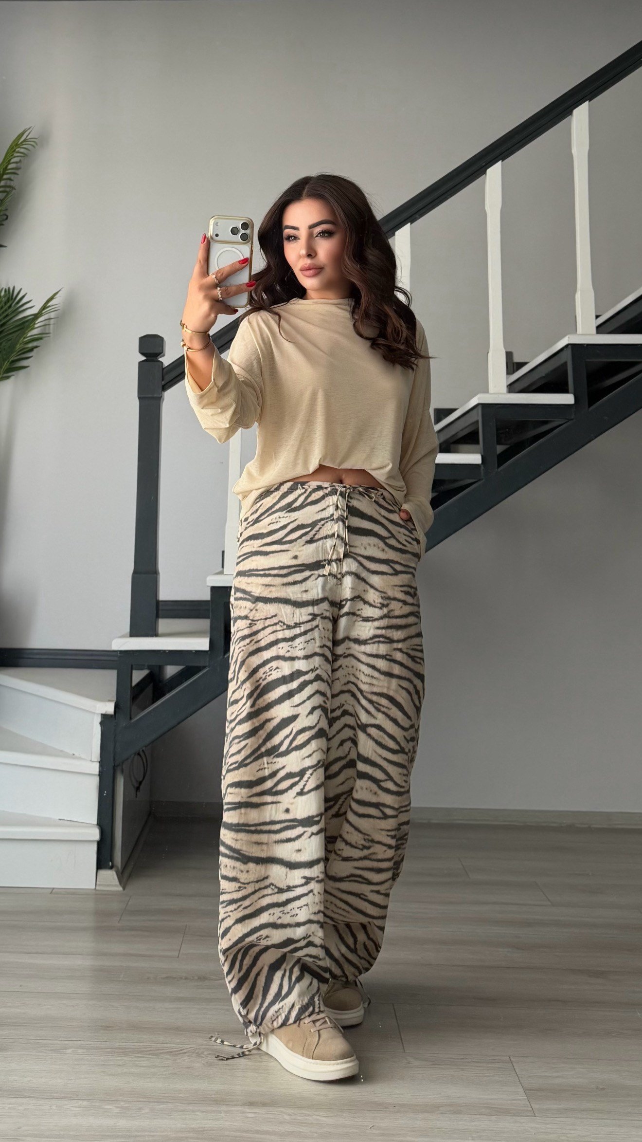Zebra Desen Bel ve Paça Bağlamalı Pantolon