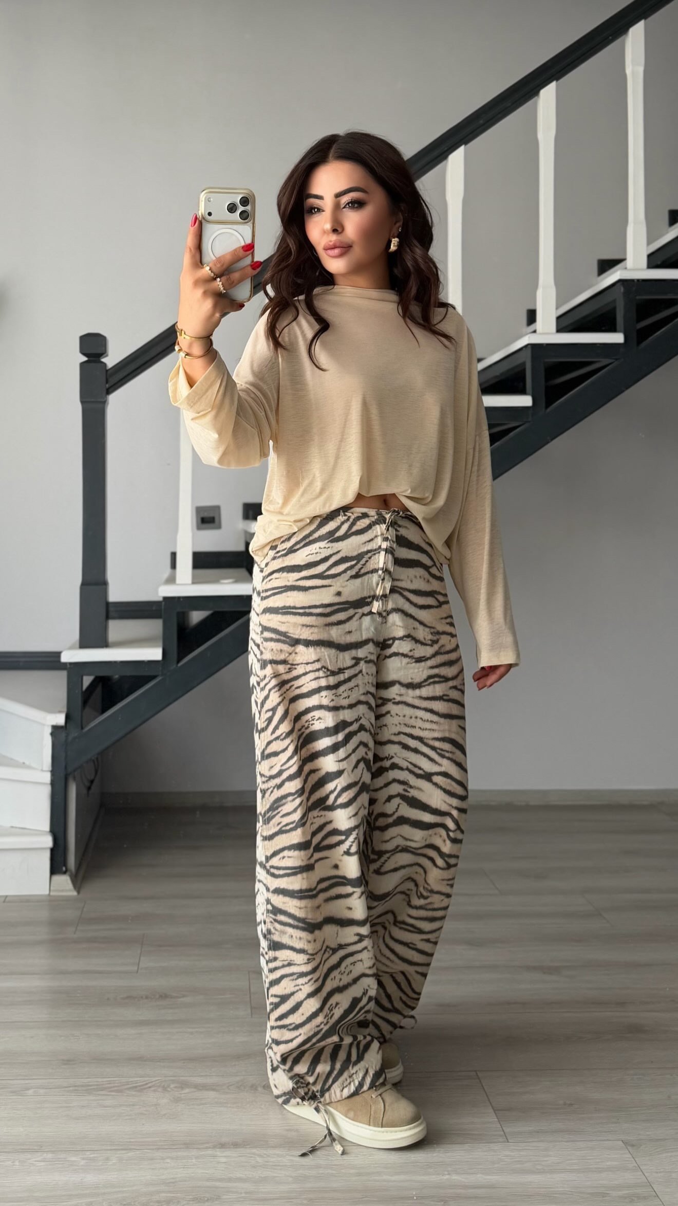 Zebra Desen Bel ve Paça Bağlamalı Pantolon