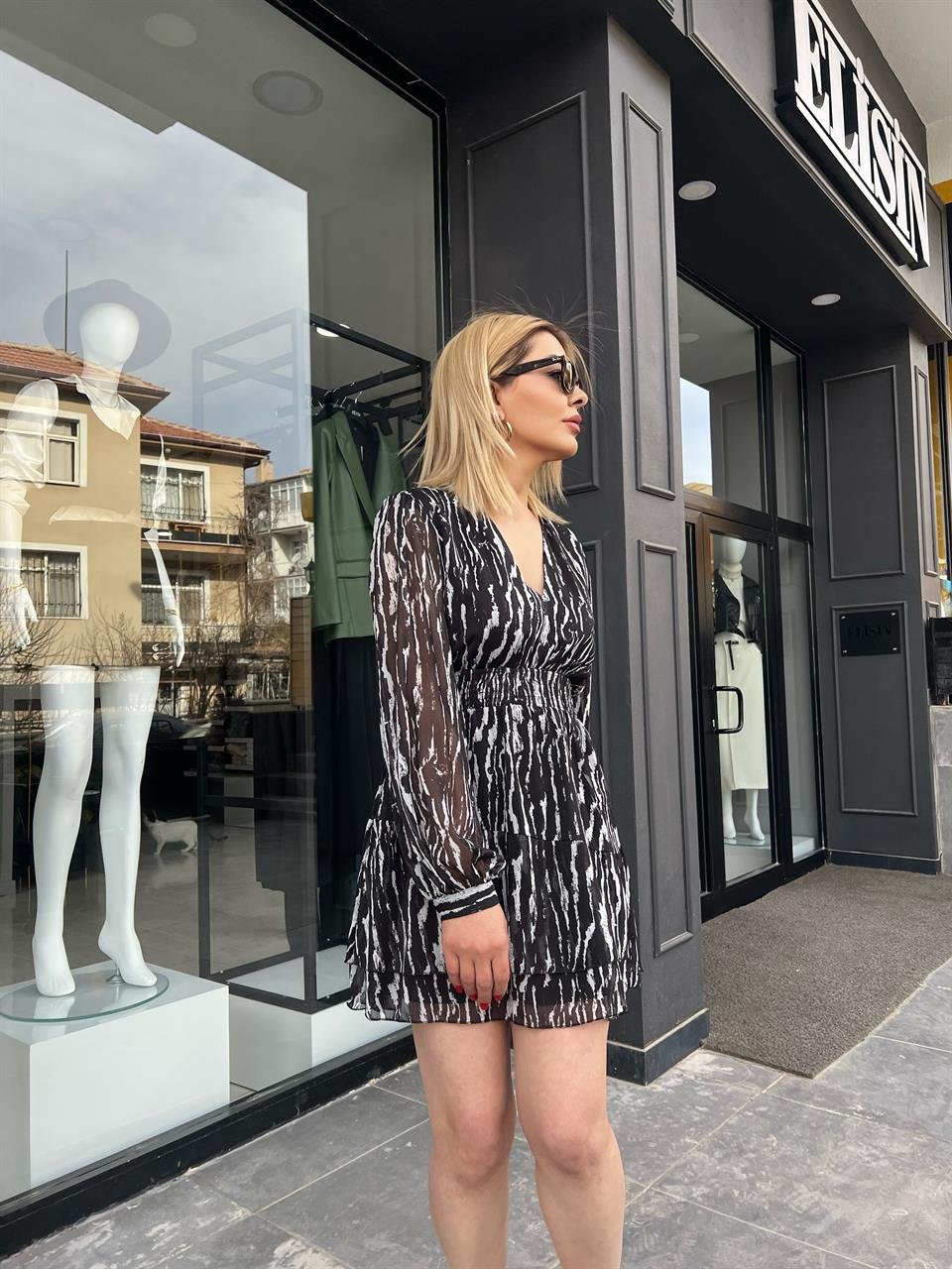 Zebra Desen Katlı Şifon Elbise