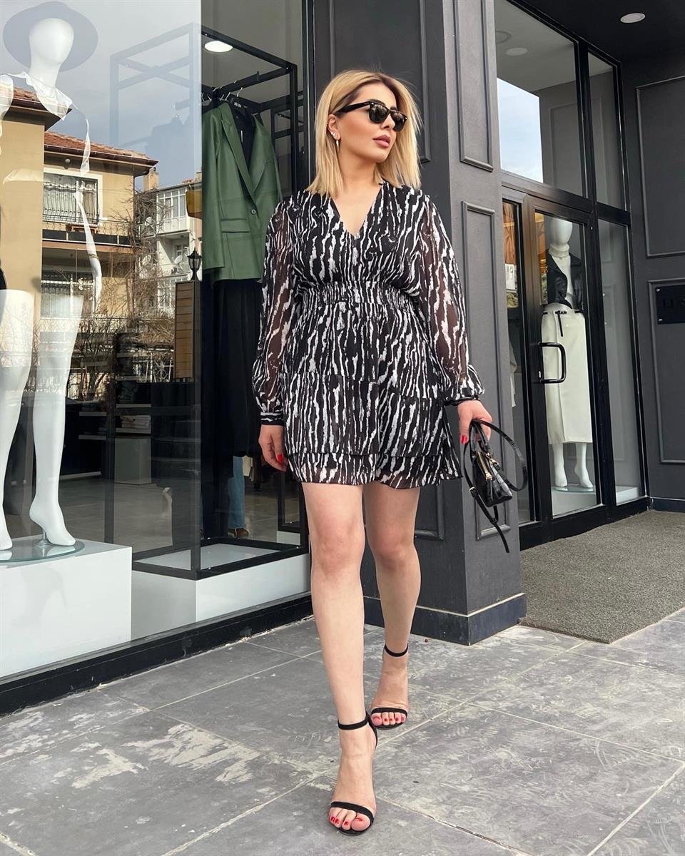 Zebra Desen Katlı Şifon Elbise