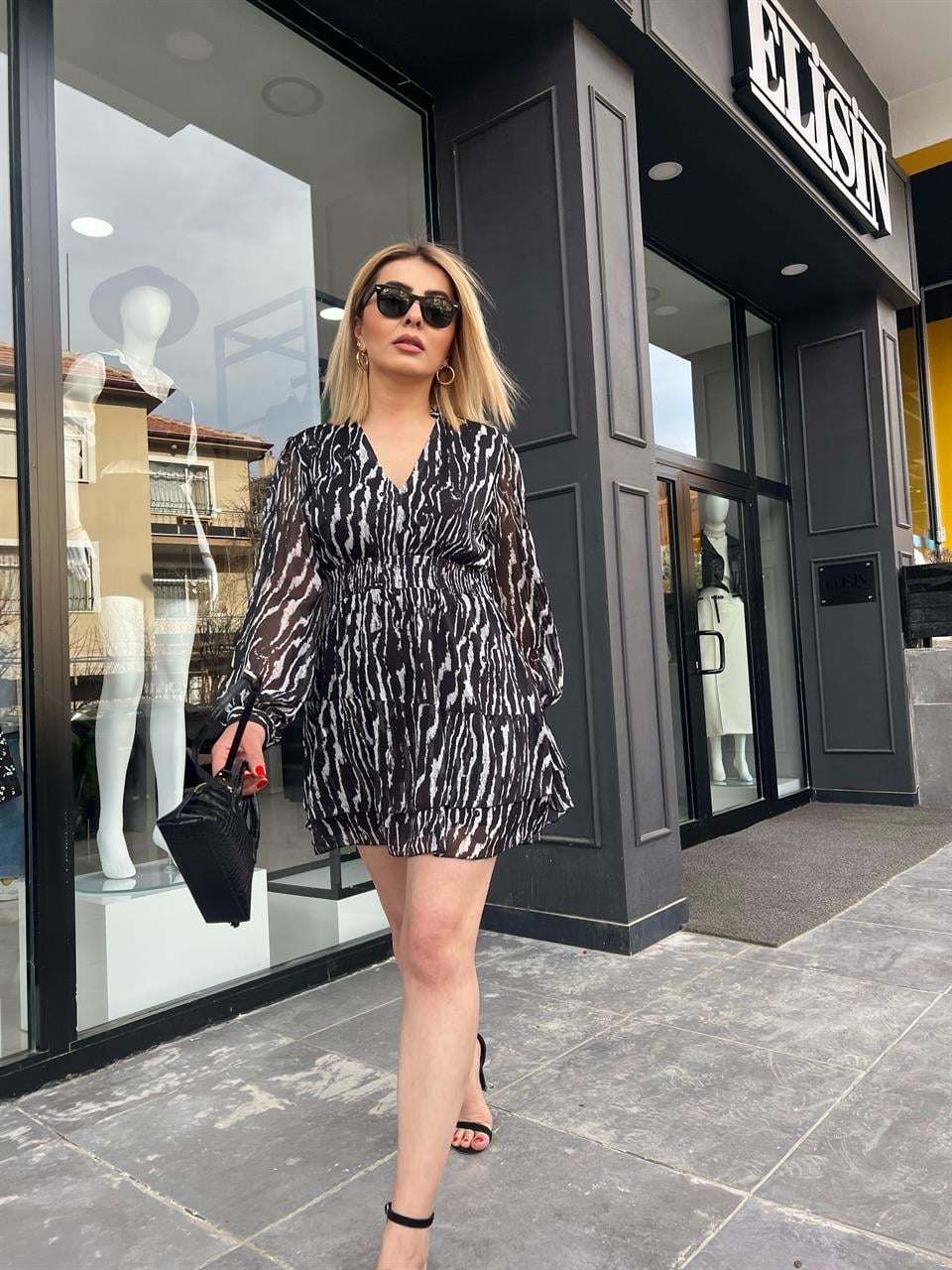Zebra Desen Katlı Şifon Elbise