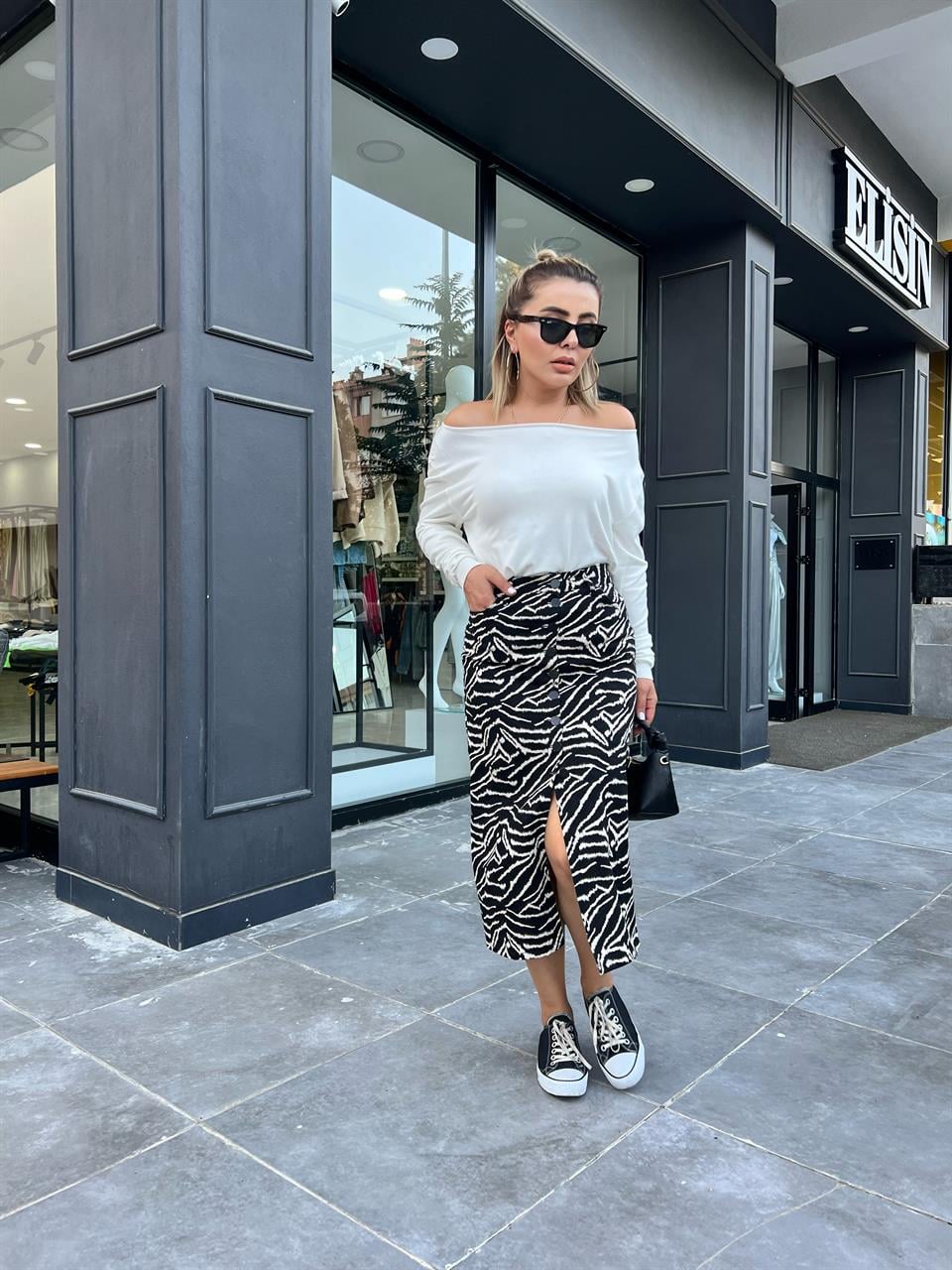 Zebra Desen Önü Düğmeli Midi Boy Etek 