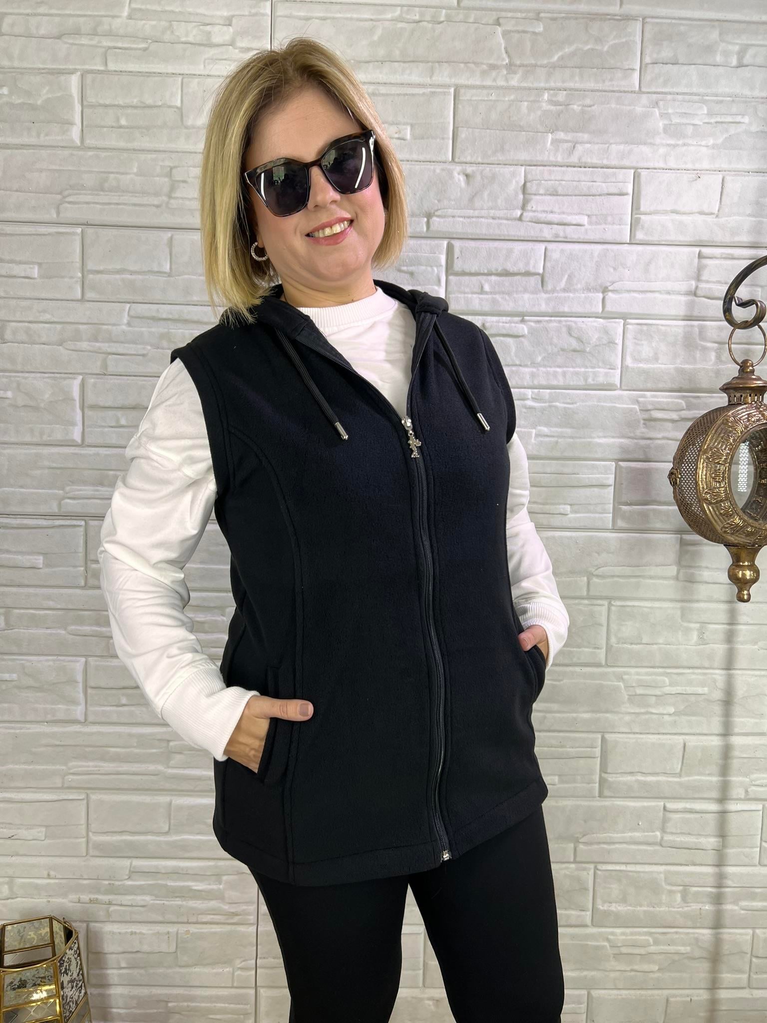 EYZ0128 SİYAH KAPÜŞONLU POLAR YELEK