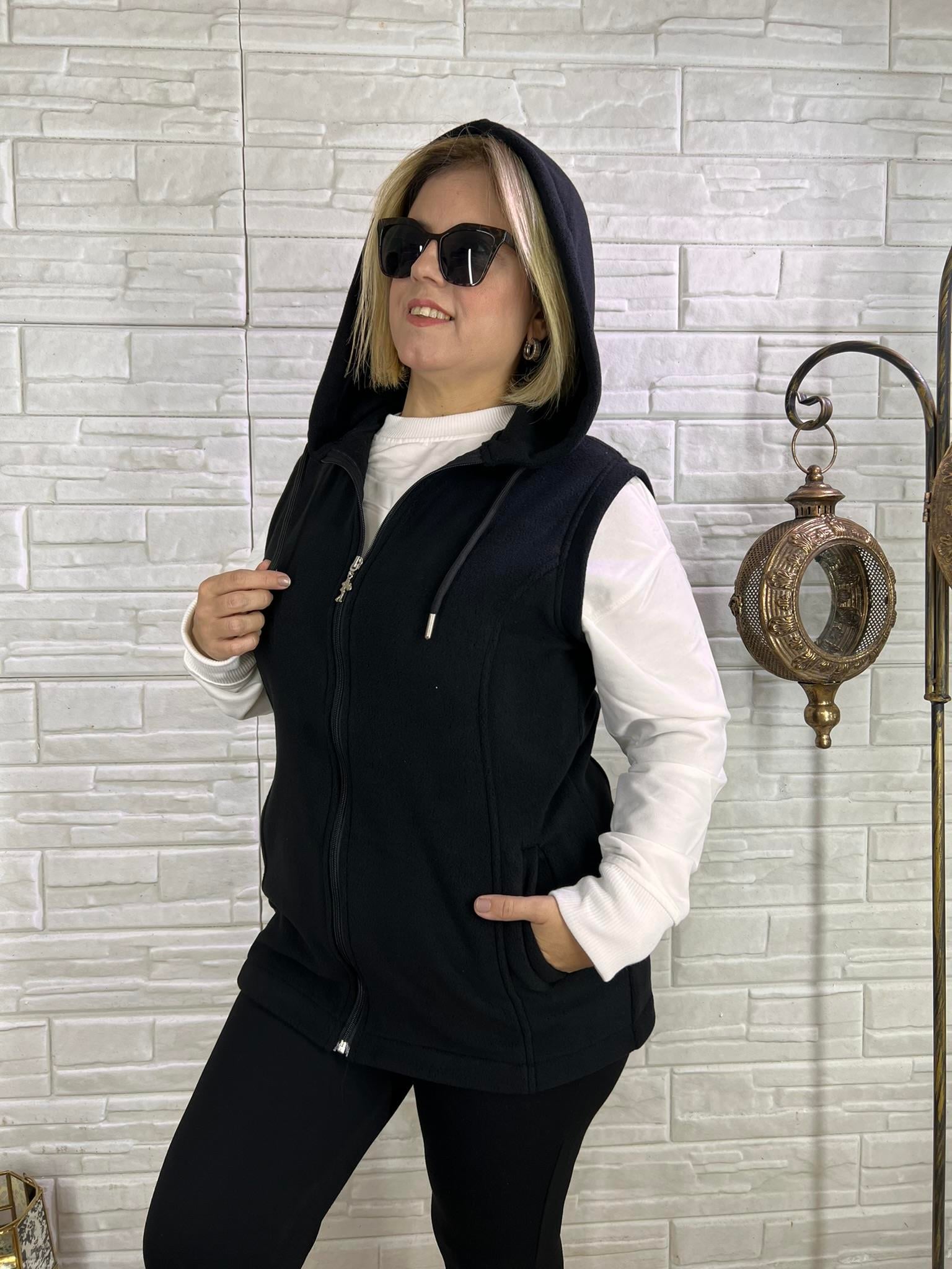 EYZ0128 SİYAH KAPÜŞONLU POLAR YELEK