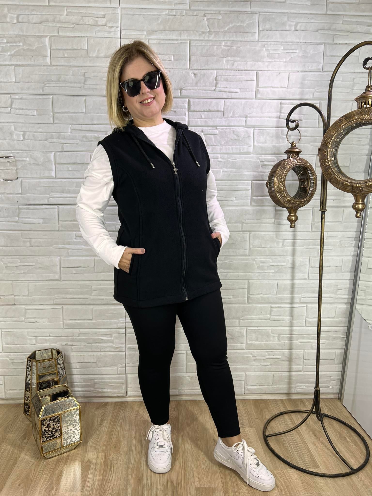 EYZ0128 SİYAH KAPÜŞONLU POLAR YELEK