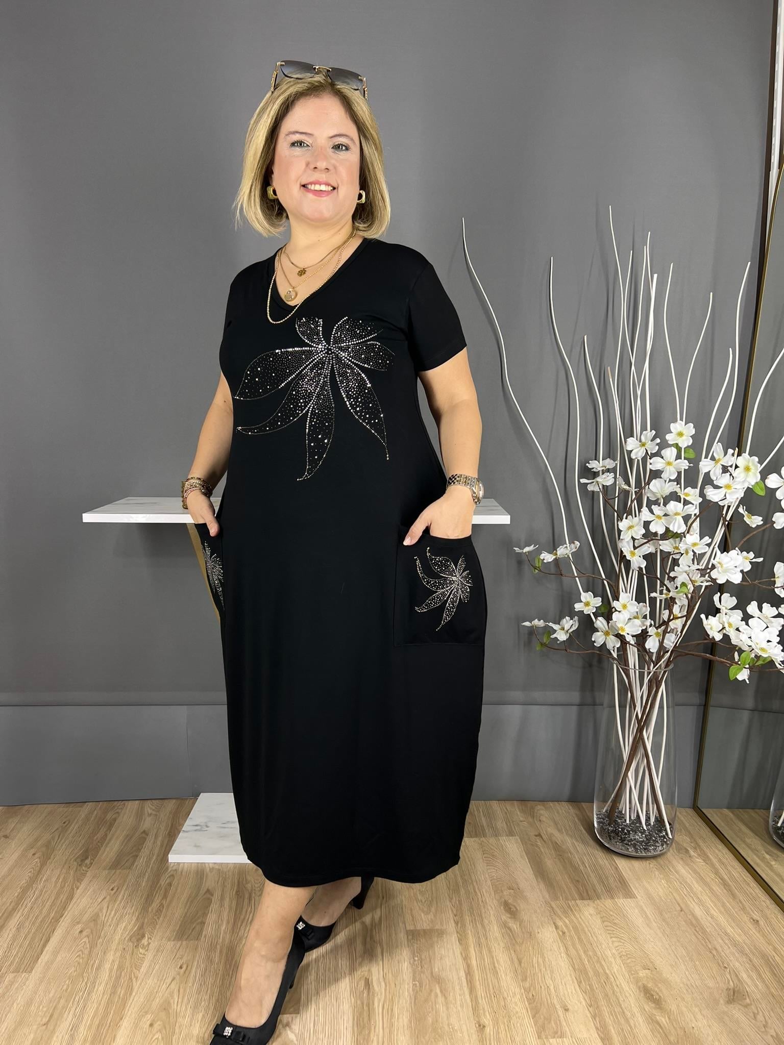 EYZ330 SİYAH ÇİÇEK TAŞLI CEPLİ ELBİSE