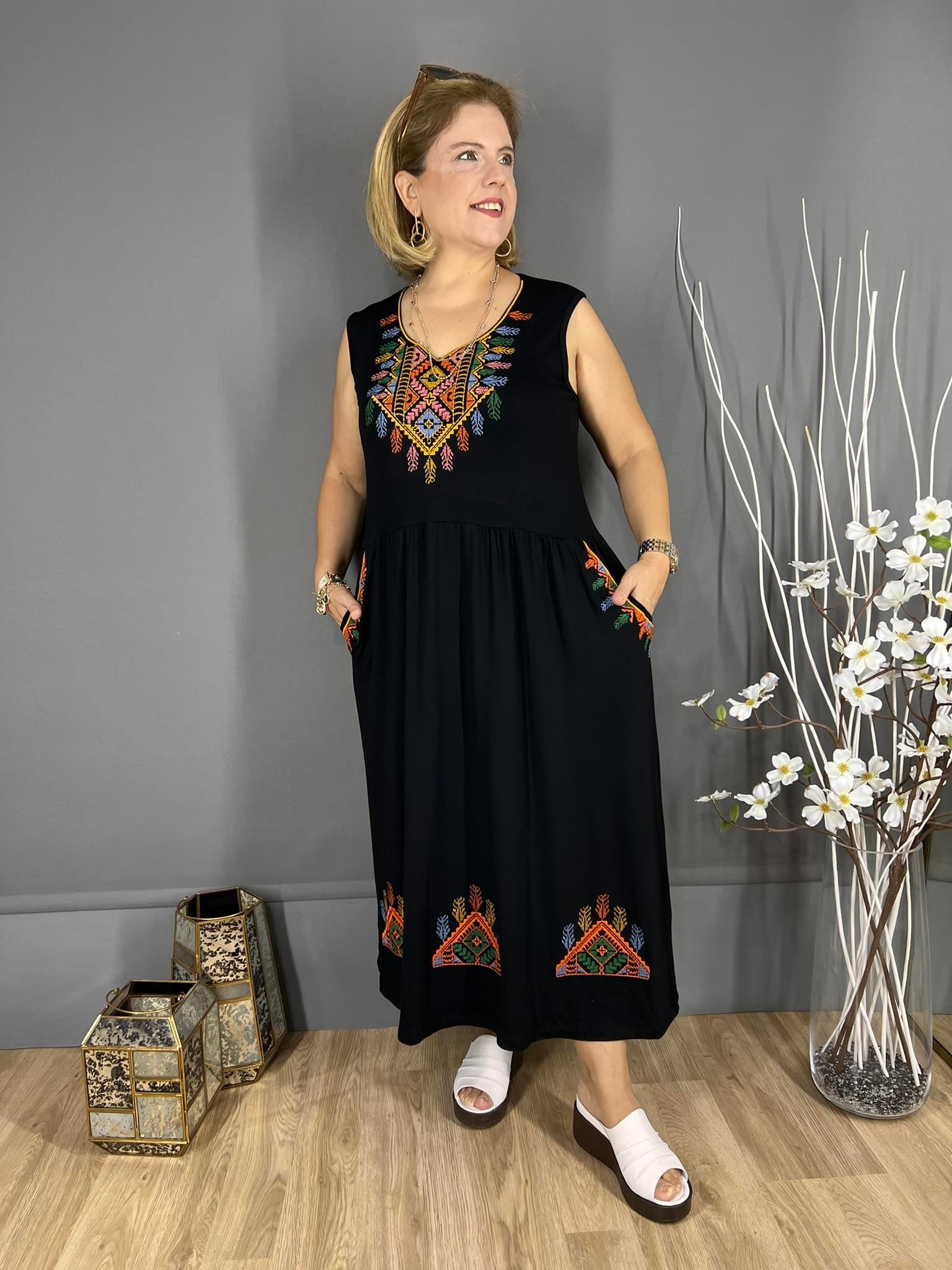 EYZ347 SİYAH KALIN ASKILI KİLİM DESEN NAKIŞLI ELBİSE