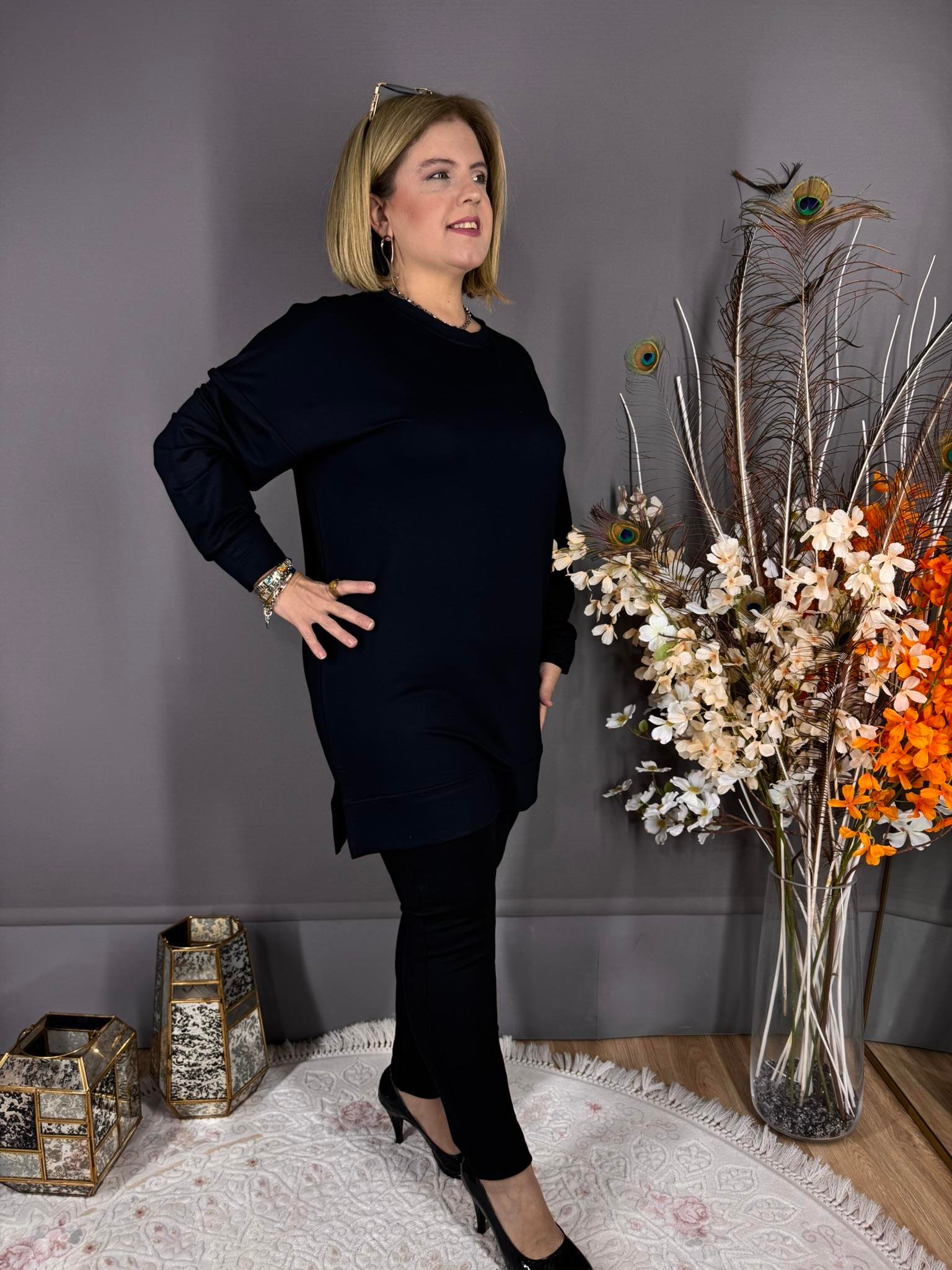 EYZ452 SİYAH OYSHO KUMAŞ TUNİK